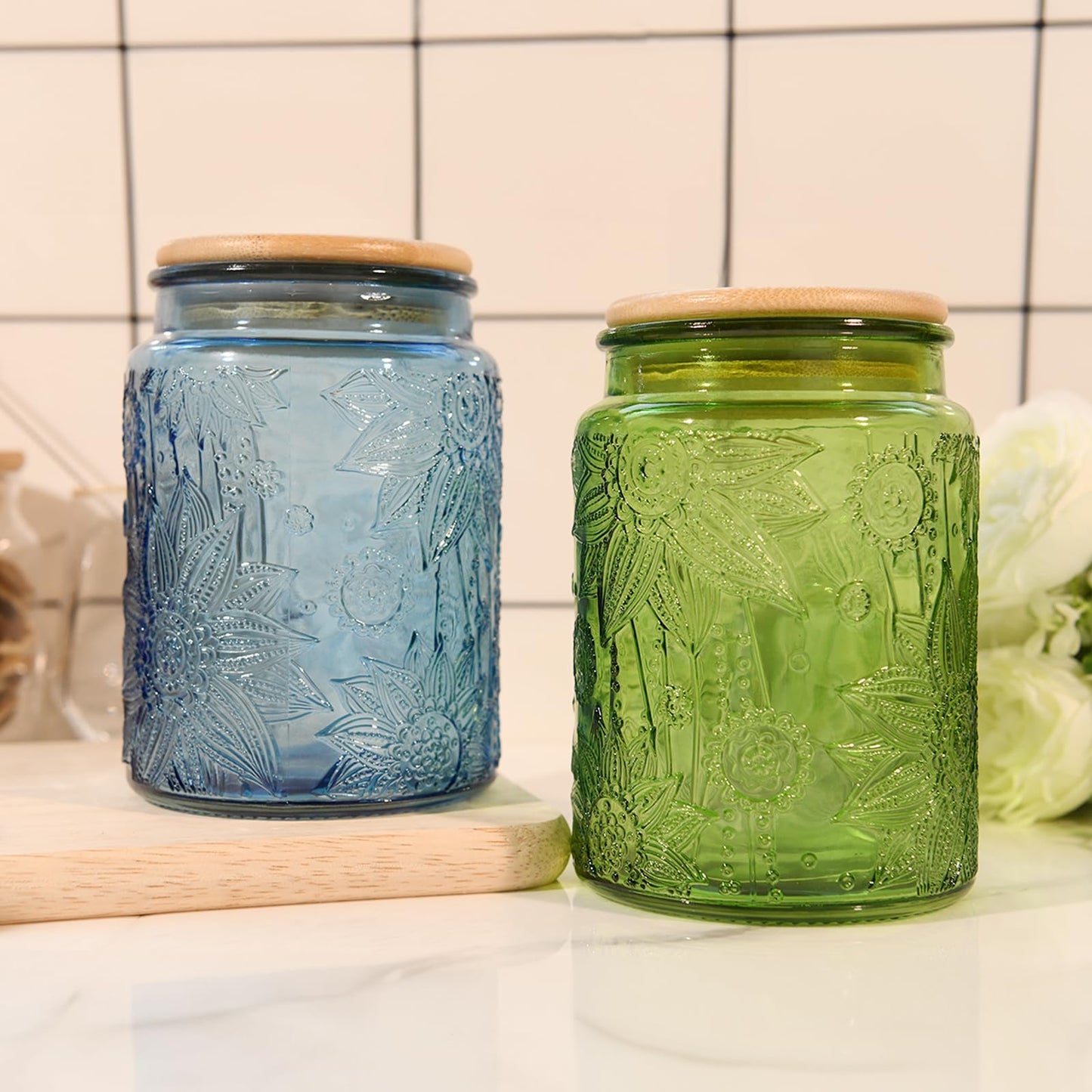 Custde Glass Storage Jars With Airtight Lid, 23.7oz Canister For Kitchen Counter with Bamboo Lid, brown sugar, candy, coffee, cookie, salt, tea,pantry cute Jar (Blue 2-Pack, 23.7 fl oz)