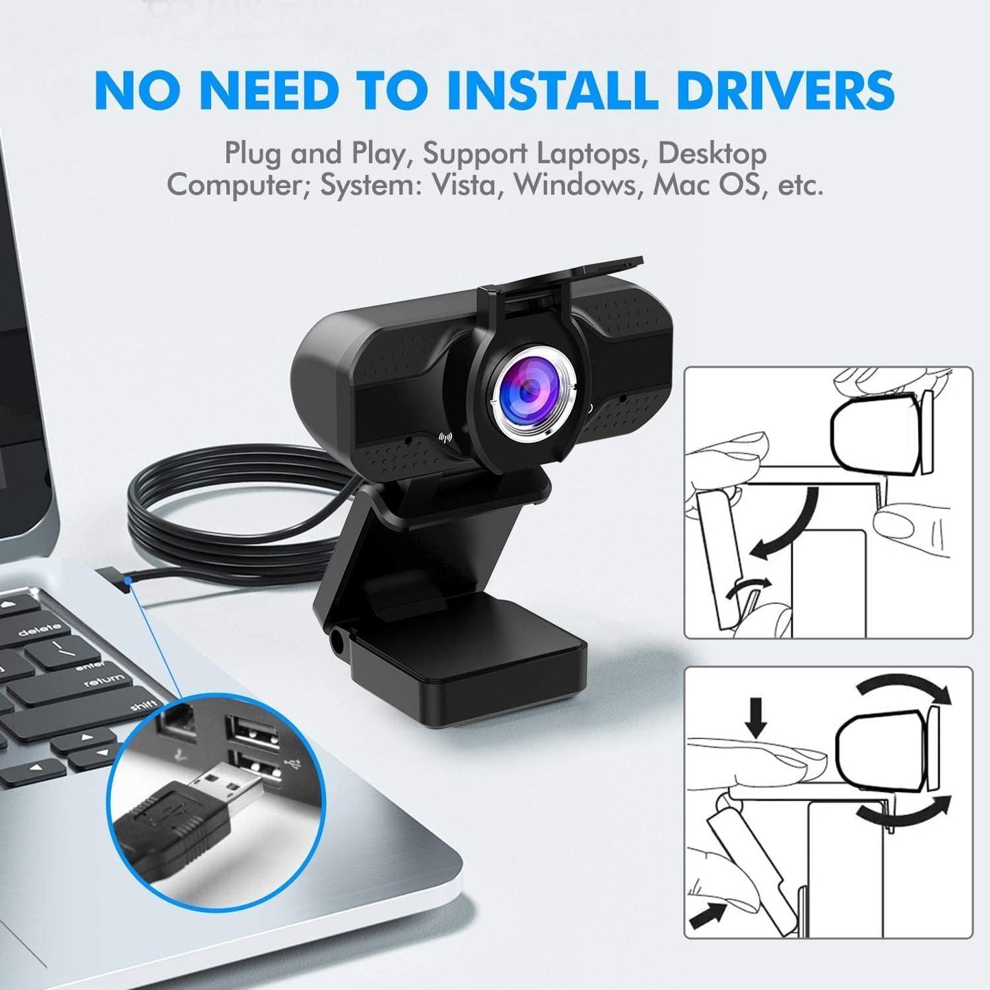 JORPETS 1080p Full HD Webcam with Privacy Shutter and Tripod, Video and Wide Angle Camera, Built-in Mic, Widescreen USB