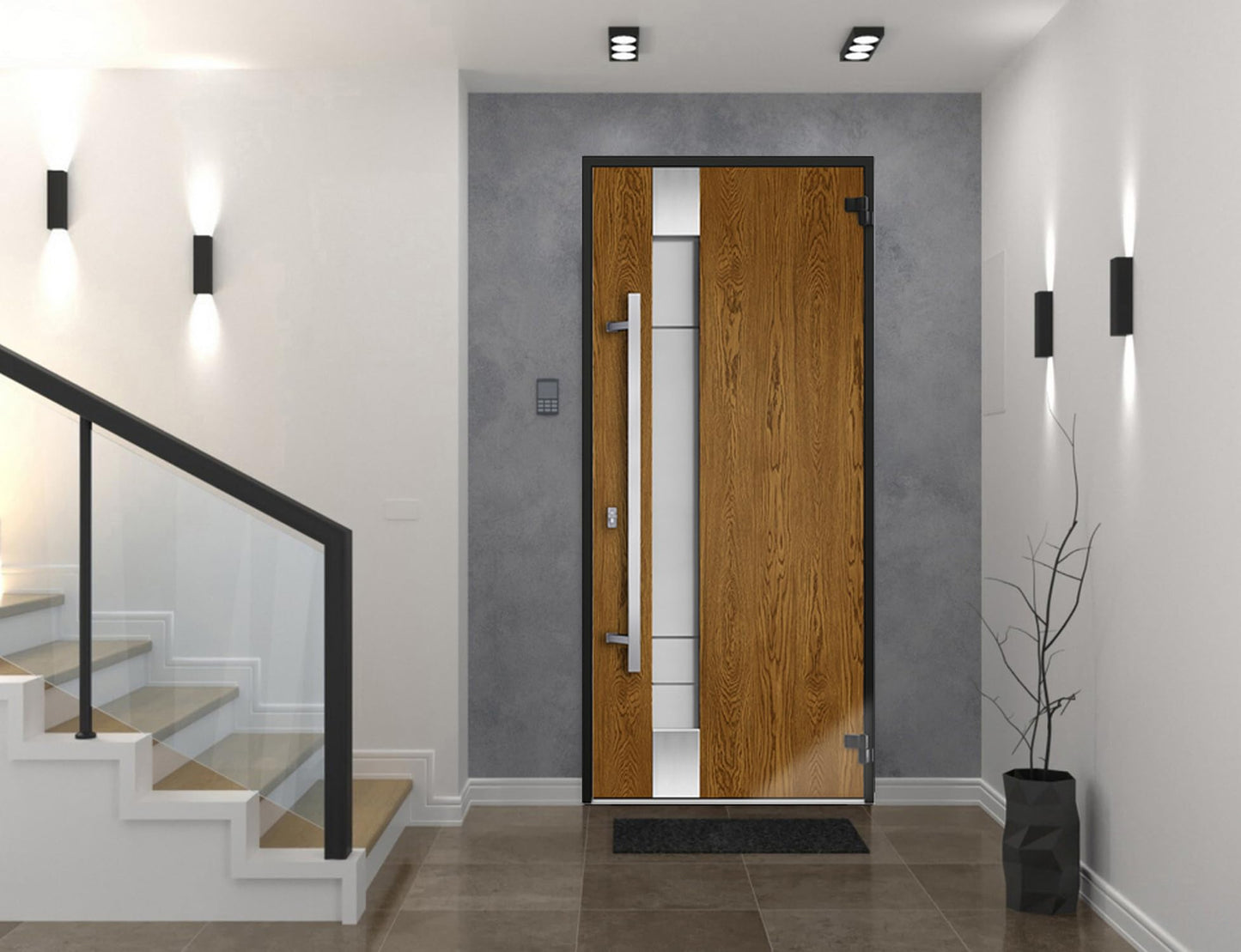 VDOMDOORS Deux 1713 | Natural Oak | Exterior Steel Single Front Door with transom | Left-Hand inswing | Size: 36" x 80" | Prehung