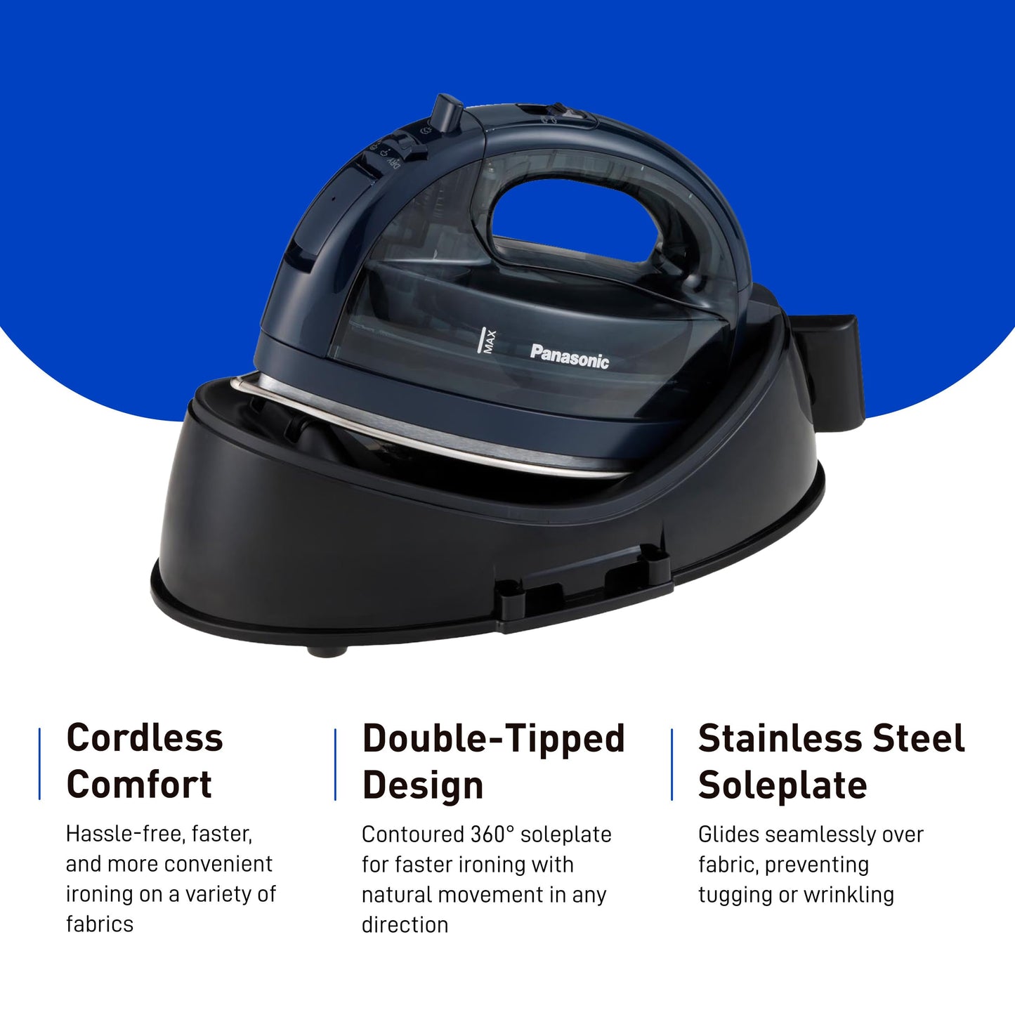 Panasonic Cordless Steam/Dry Iron 1500W - NI-WL700A - Wireless Steamer with Stainless Steel Plate - Quickly Heats Up in Under 5 Minutes - Cordless, Lightweight Iron - Black/Dark Blue