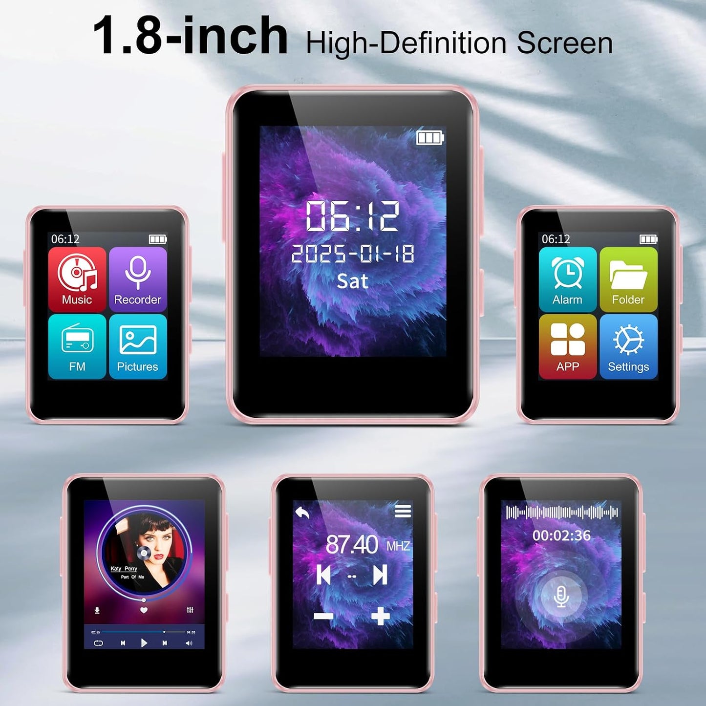woolynew MP3 1.8 inch 512GB, 32GB Player with Bluetooth, Screen Portable Music Player with Speaker, FM Radio, Recorder