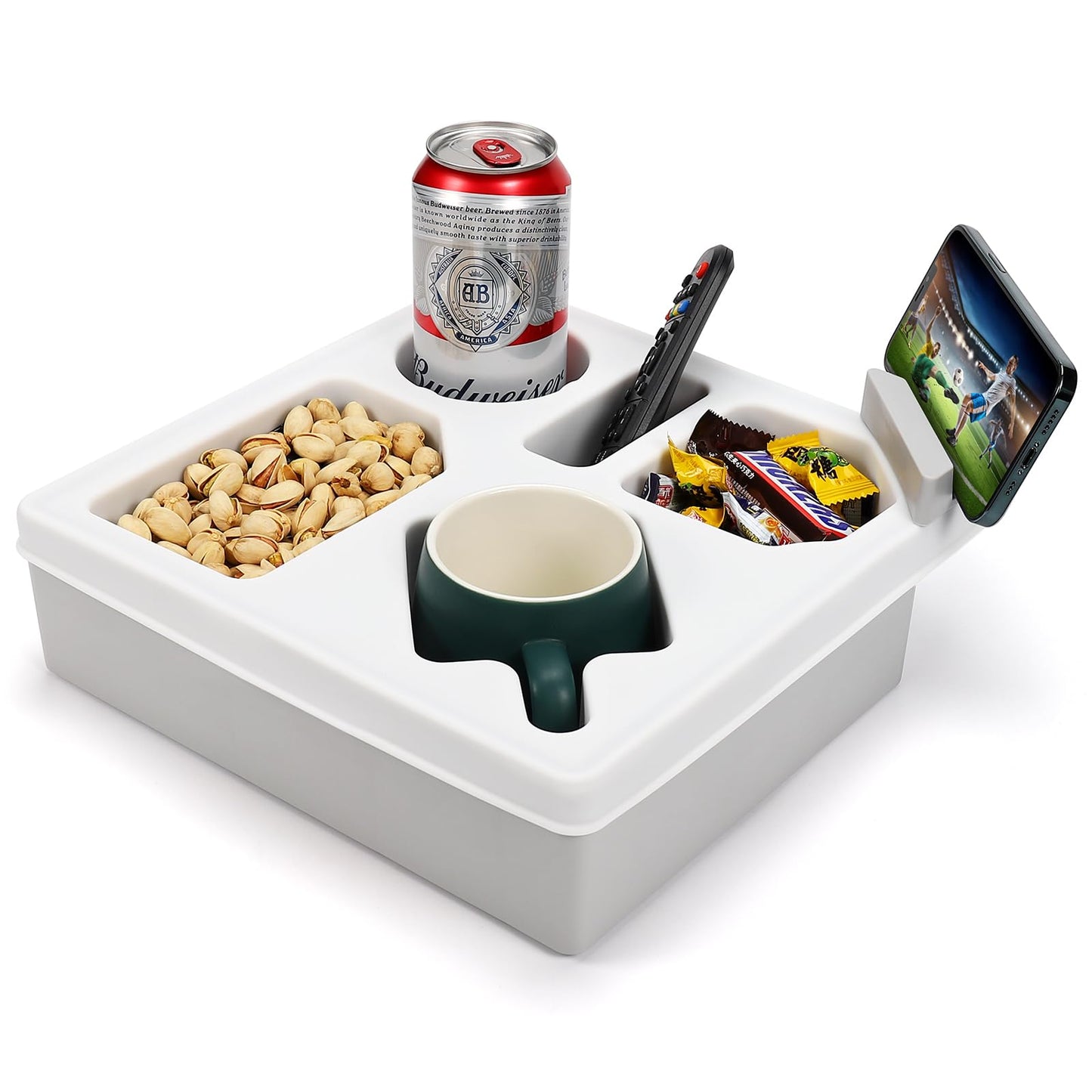 Couch Cup Holder Tray, Silicone Sofa Couch Caddy for Bed Car Seat Beach Organizer, Waterproof Cup Holder with Phone Stand for TV Remote, Snacks, Drinks, Cellphone (White)