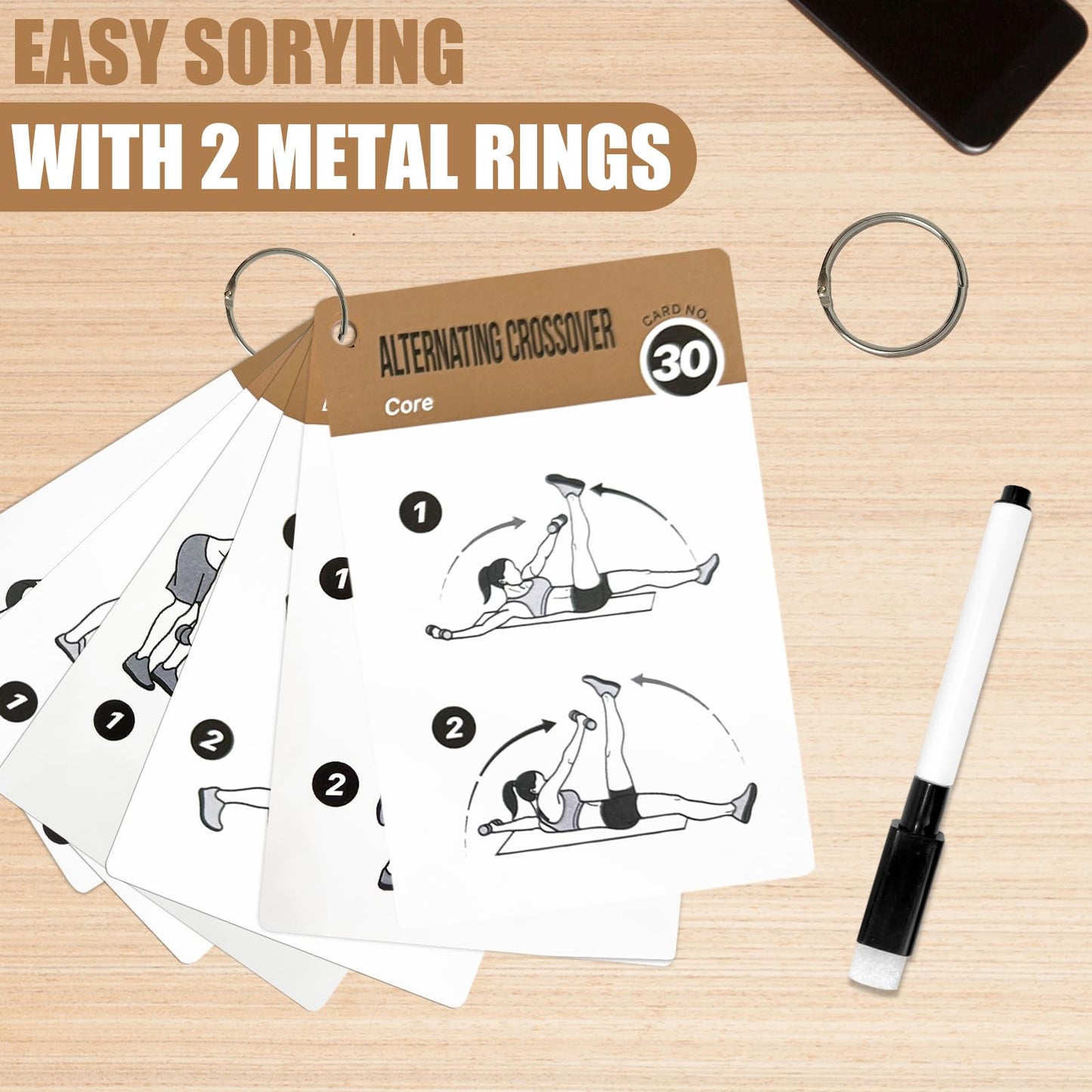 Dumbbell Cards for Women & Men-50 Dumbbell Workout Cards，Includes 2 Rings& Dry-Erase for Easy Organization-Home, Gym or Studio (Dumbbell)