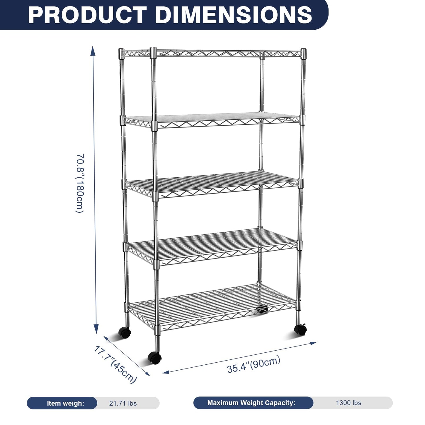 VANZBON 5-Tier Heavy Duty Metal Shelf,Chrome Wire Shelving Unit 35" Wx18 Dx71 H,Height Adjustable Storage Wire Shelves with Lockable Wheels for Garage,Kitchen,Office,Bathroom,Studio