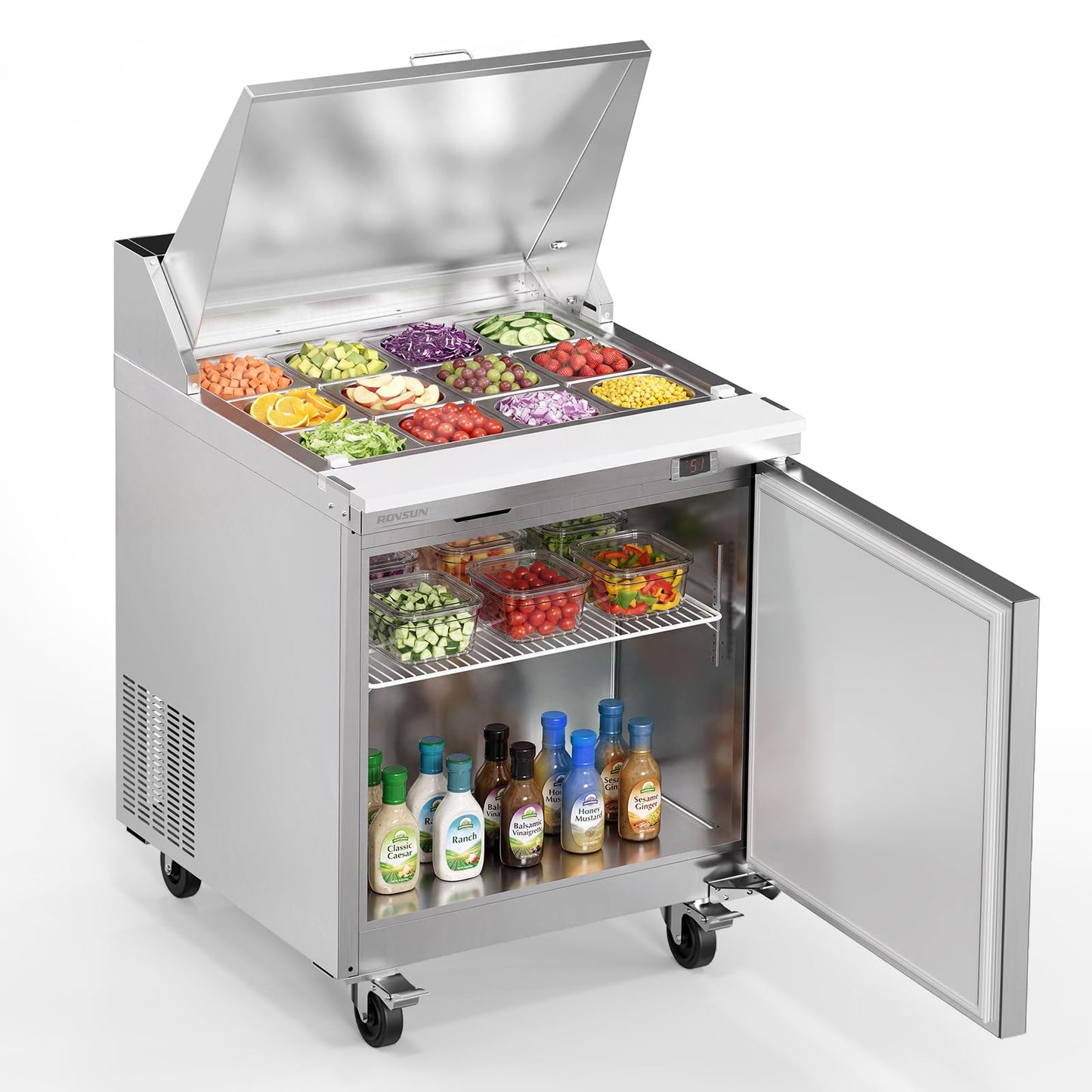 ROVSUN 29" W Sandwich Salad Prep Table Refrigerator ETL NSF, 7.6 Cu.Ft Commercial Refrigerator Salad Bar Stainless Steel w/12 Pans Cutting Board Lockable Wheels Front Door for Restaurant