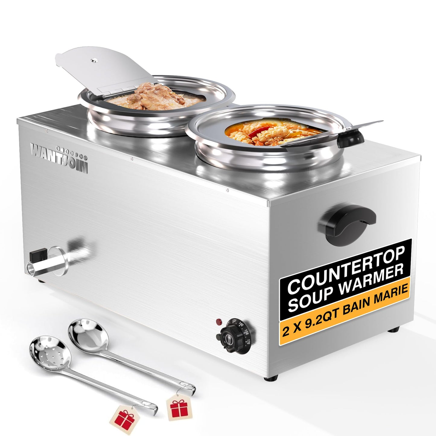 WantJoin Soup Warmer Commercial - 20 QT Stainless Steel Bain Marie Round Pot 86~185°F Adjustable Temp, 1500W Electric Steam Table Countertop,Anti-Dry Burn Reset Button for Restaurant, Buffet