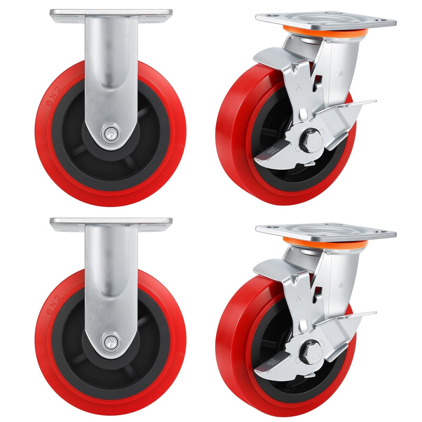 Caster Wheels,Industrial Heavy Duty Caster Set of 4,Polyurethane Surface TPE Casters,Load 5000Lbs Swivel Brake Plate Casters,for Industrial Equipment (2Side Brake & 2 Rigid, 6 inch)