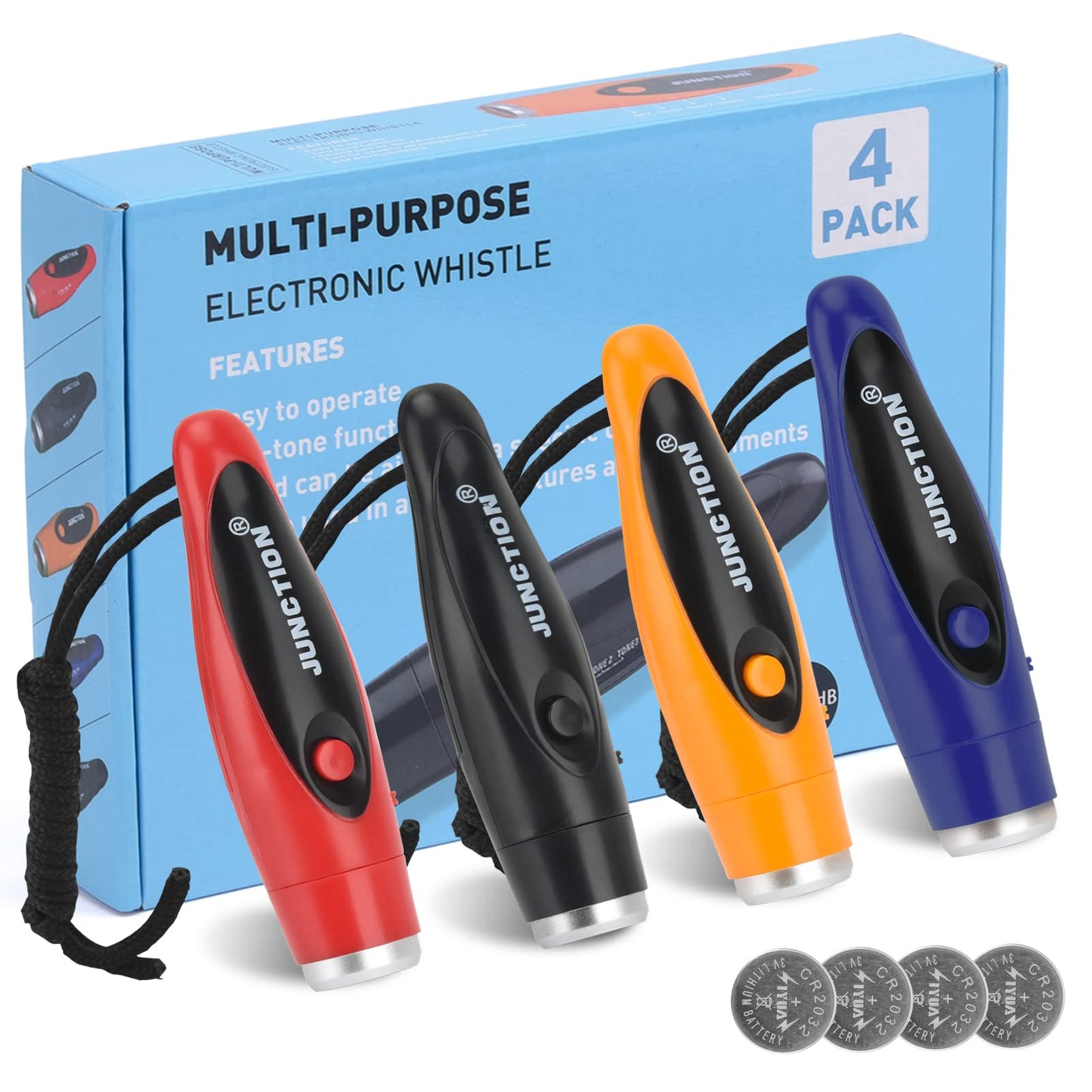 Xflyee [4 Pack Box] Electronic Whistles, Loudest Electric Whistles 3 Tones High Volume Whistle Hand Held for Coaches Referees Training Whistle Bulk, Outdoor Hiking Emergency Rescue Whistle Gifts