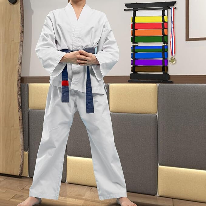 JUXYES Wall Hanging Martial Arts Belts Organizer for 10 Belts with Medal Hanger and Stickers, Bamboo Karate Belt Display Holder Rack, Taekwondo Belt Display Holder for Martial Arts Learners