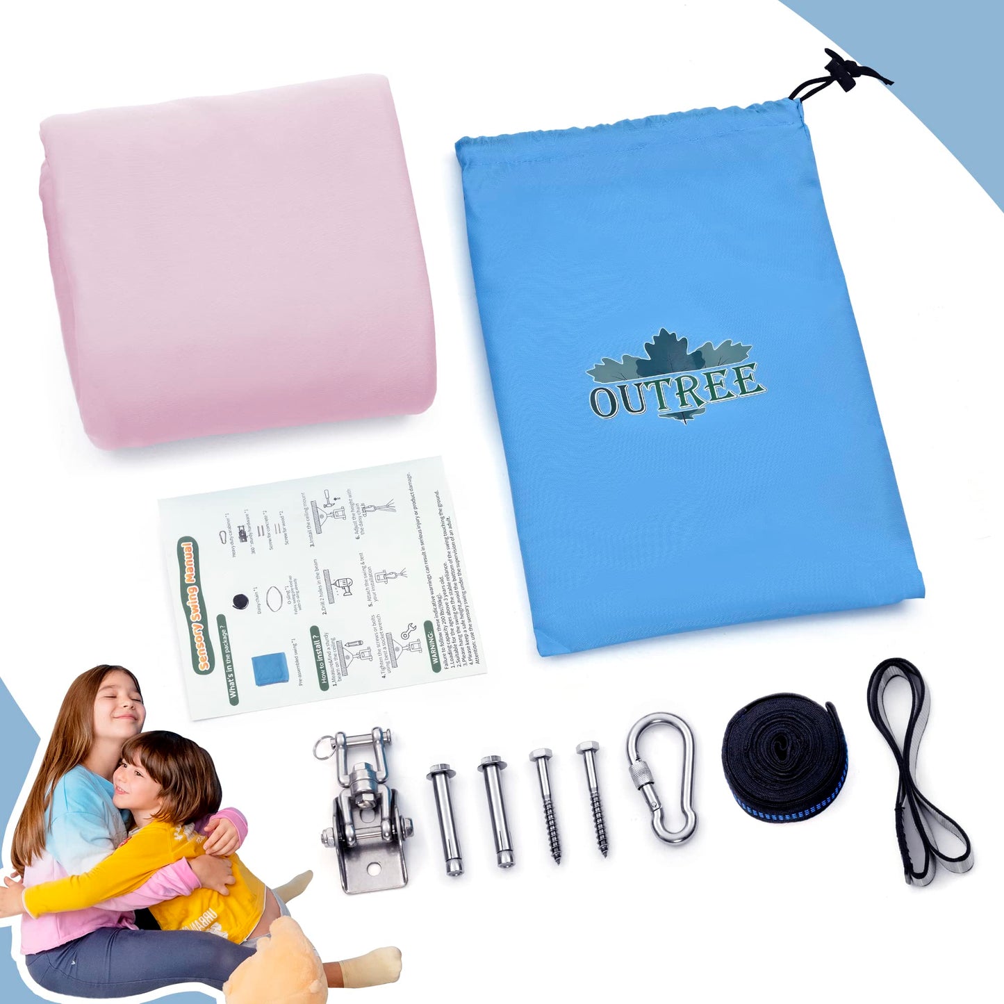 OUTREE Sensory Swing, Double Layer Therapy Swing with 360° Swivel Hanger, Healing & Relaxing Cuddle Sensory Swing for Kids and Adults with Autism, ADHD, Sensory Processing Disorder(Pink and Gray)