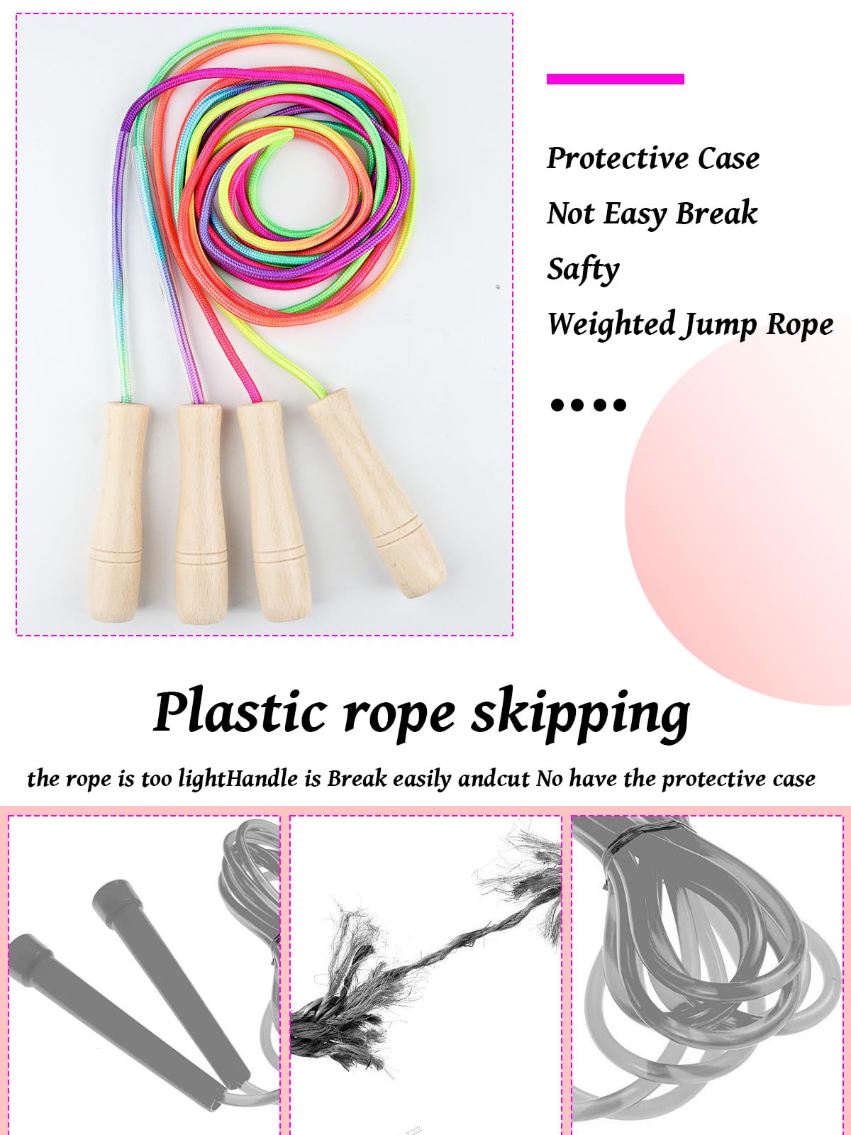 Lorvain Jump Rope for Fitness, 2 Pcs Jump Rope for Adults, Skipping Rope with Wooden Handle, Cotton Braided Outdoor Fun Activity Jumping Rope for Exercise Fitness, Crossfit, Gym, Training