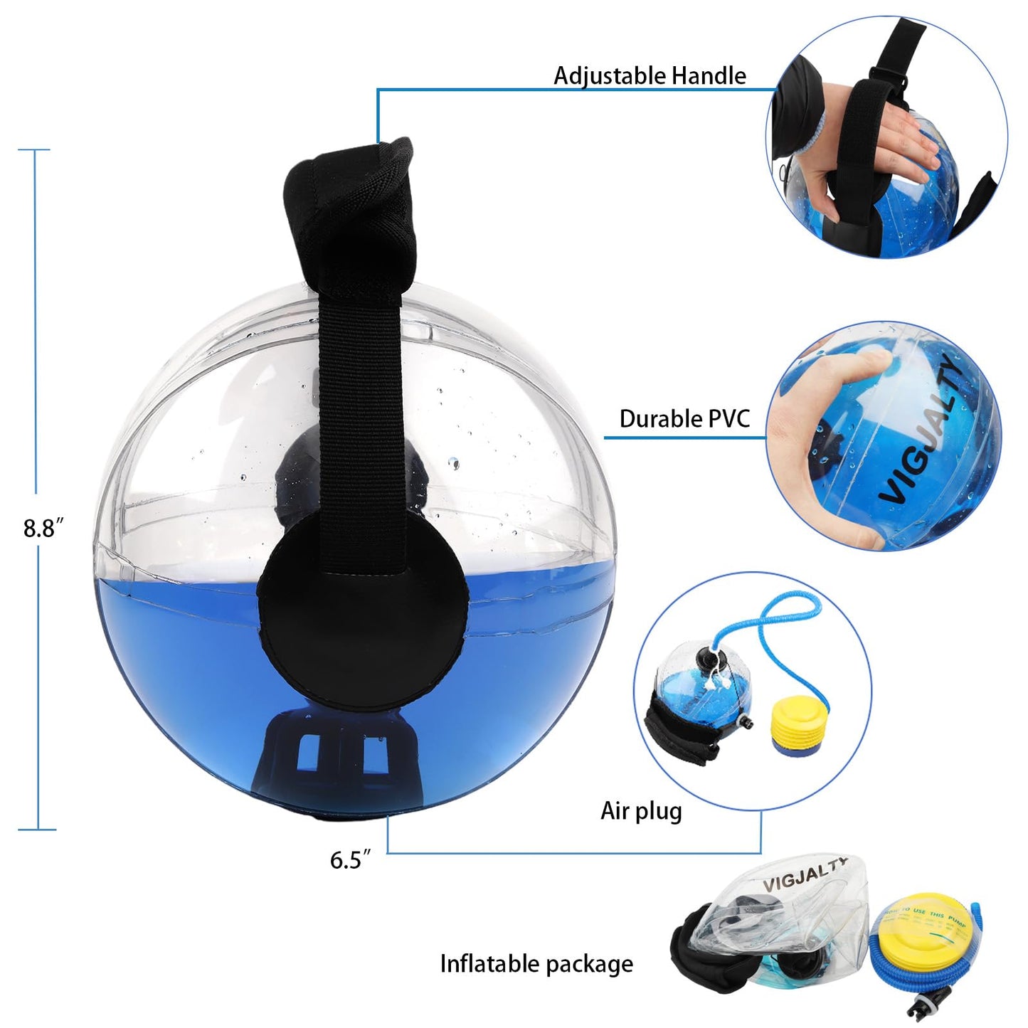 6.5" Aqua Ball Water Weight Bag - Adjustable Water Filled Fitness Bag, Sandbag Alternative for Home Gym, Core Balance Trainer, Portable Exercise Equipment for Arm Shoulder Full Body Workout (5Ibs)