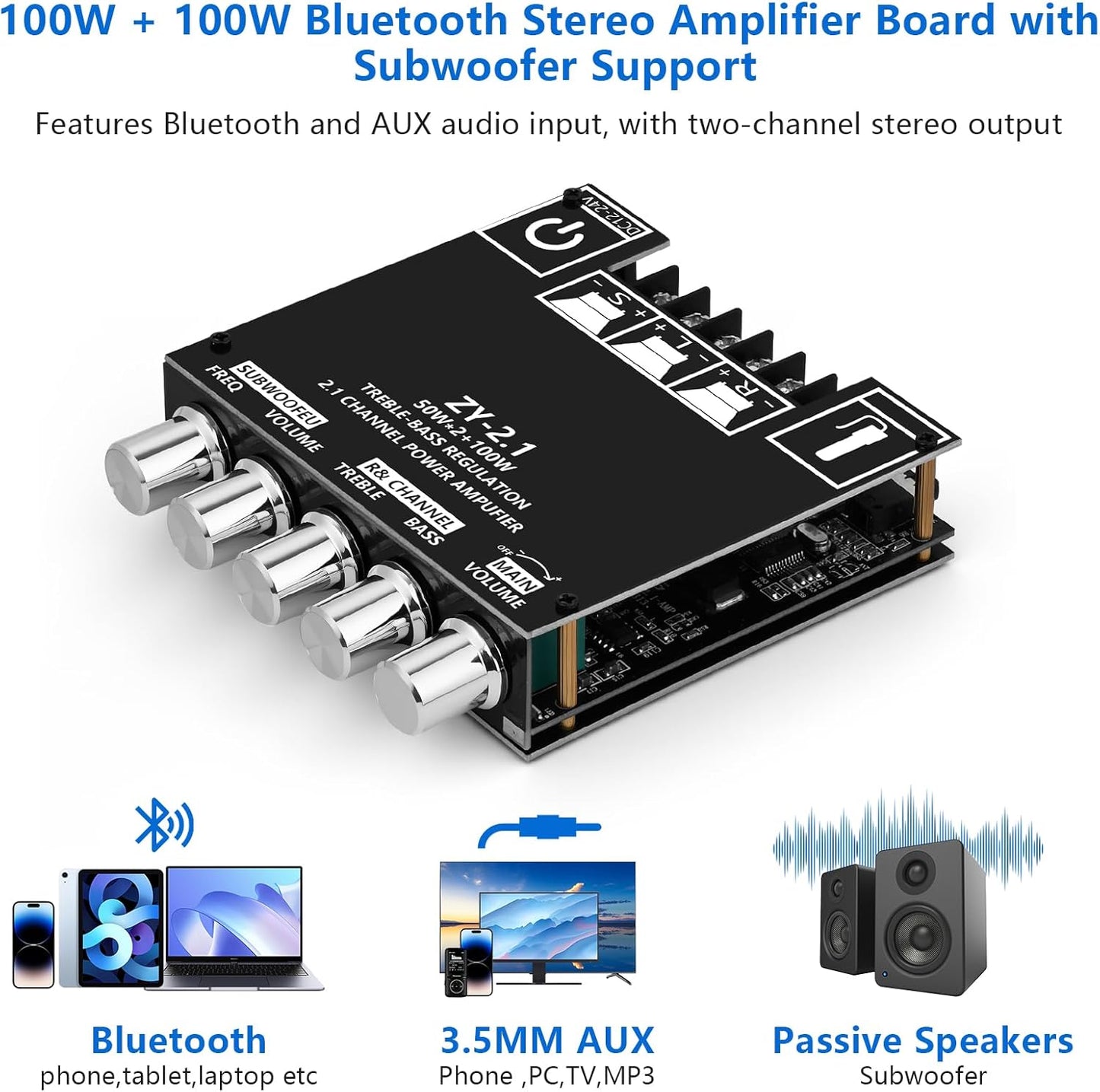 Romicta 2.1 5.0 200W 12-24V Channel Bluetooth Amplifier Board HiFi Subwoofer Audio AMP with Treble Freq and Bass