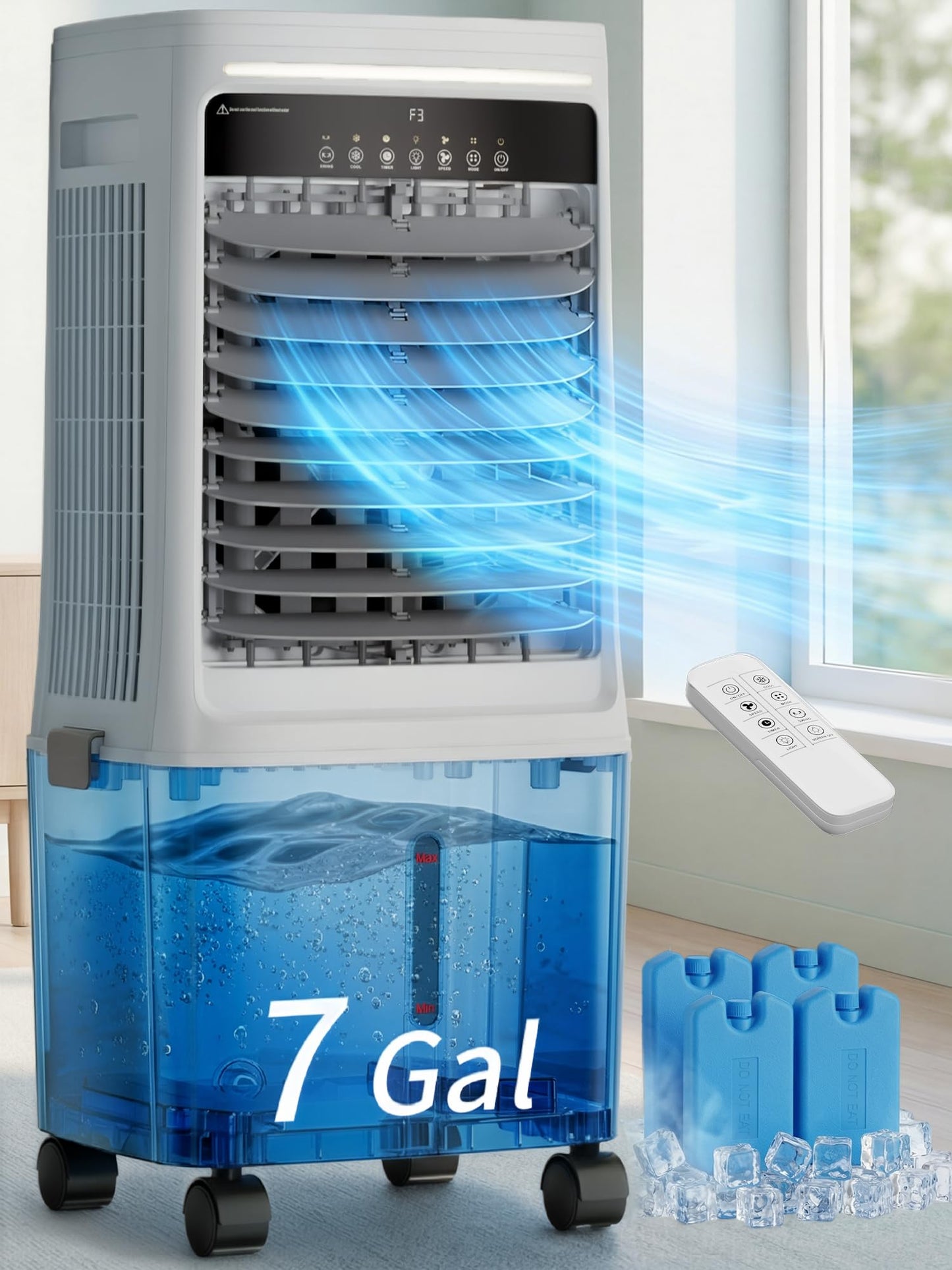 Uthfy 2200CFM Swamp Cooler Air Conditioner, Evaporative Cooler with Dual Water Tanks for 24H Cooling, 120° Oscillating, Ambient Light, 7 GAL Detachable Water Tank, 12H Timer, Portable AC for Bedroom