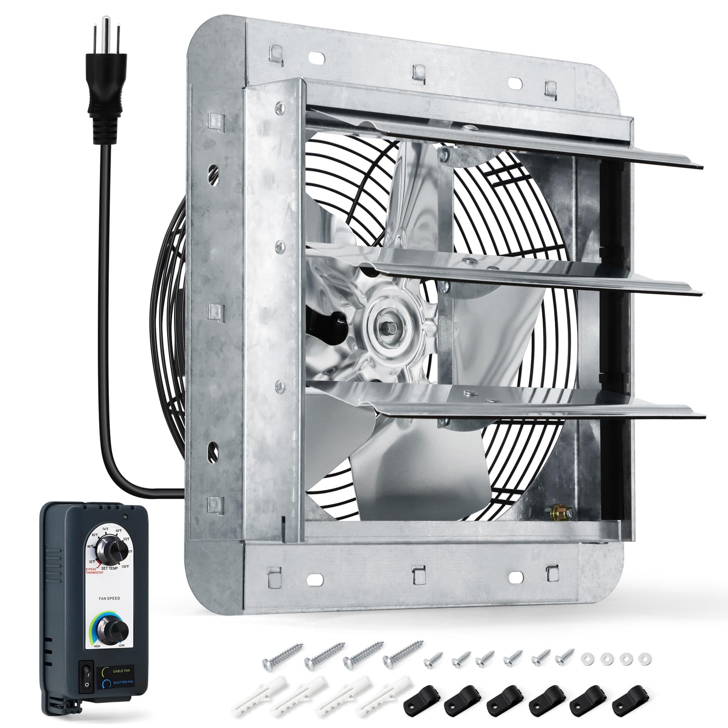 Hipoilk 10 Inch Shutter Exhaust Fan with Thermostat and Speed Controller, Wall Mounted Vent Fan for Attic, Greenhouse, Shed, Garage, Chicken Coop, Shop Ventilation, 820 CFM, 1200 SQF Coverage Area