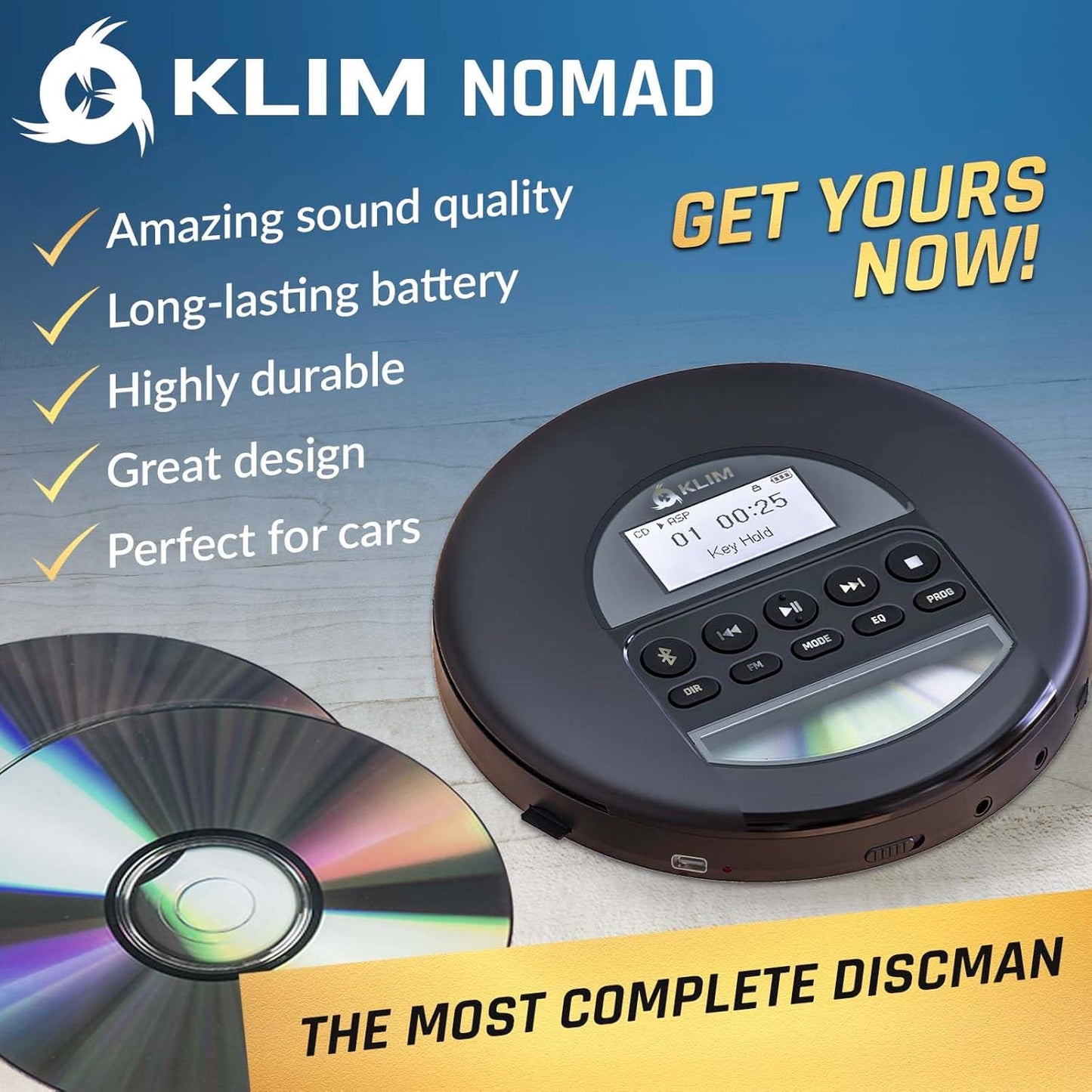 KLIM Discman MP3 Nomad Portable CD Player with Long-Lasting Battery - with Headphones - Radio FM - Compatible CD Player