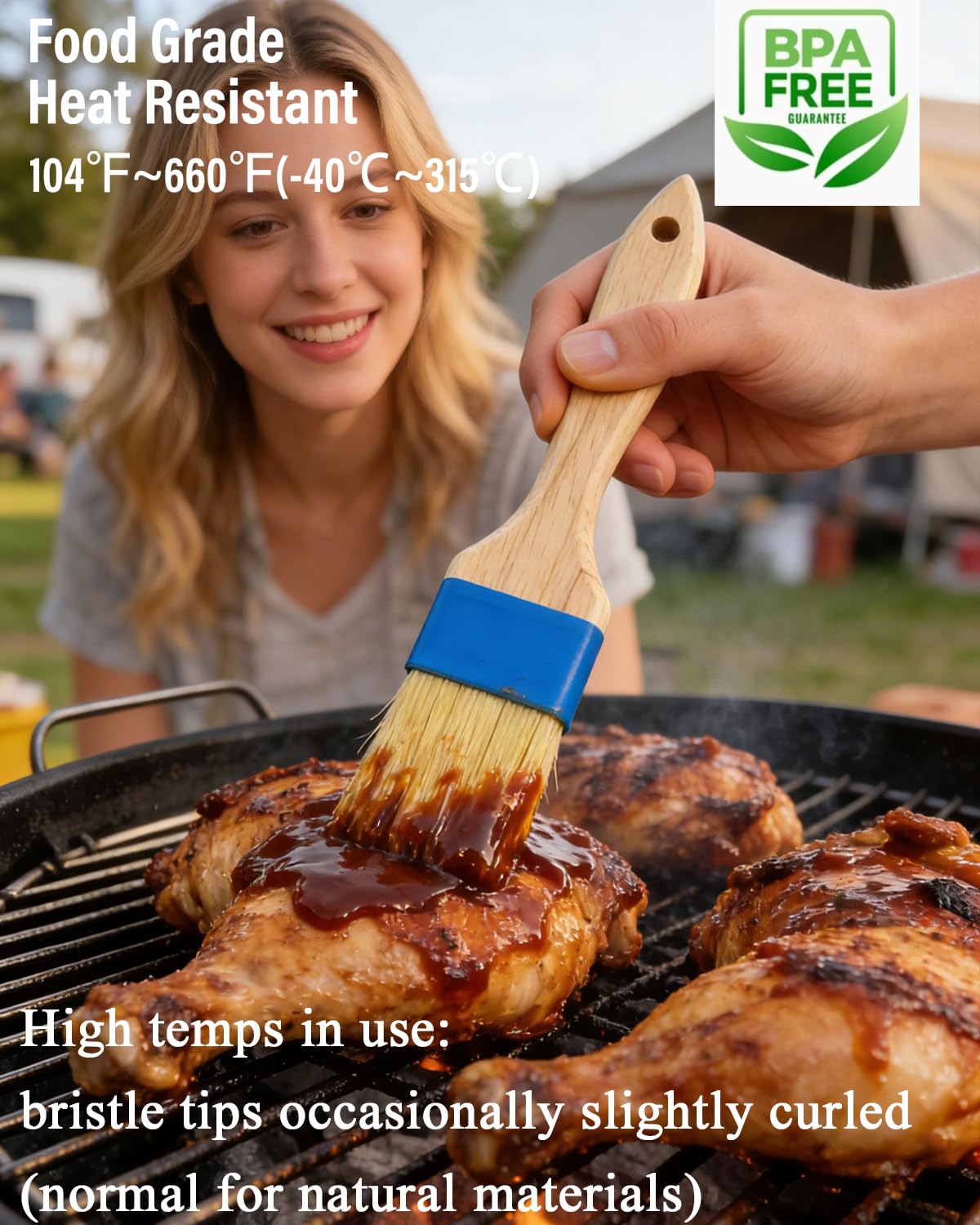 Pastry Basting Brush - Food Grade, Non-Shedding Natural Bristle, Heat Resistant Wooden Handle, Durable Kitchen Tool for Baking, Cooking, Butter, Egg Wash, Glazing, Oil, Sauce (Set of 2, 1.5", Blue)