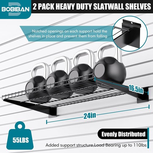 Heavy Duty Metal Slatwall Shelves by [Brand Name] - 24x16.5 Inch for Retail & Home Storage | 2 Pack, Black