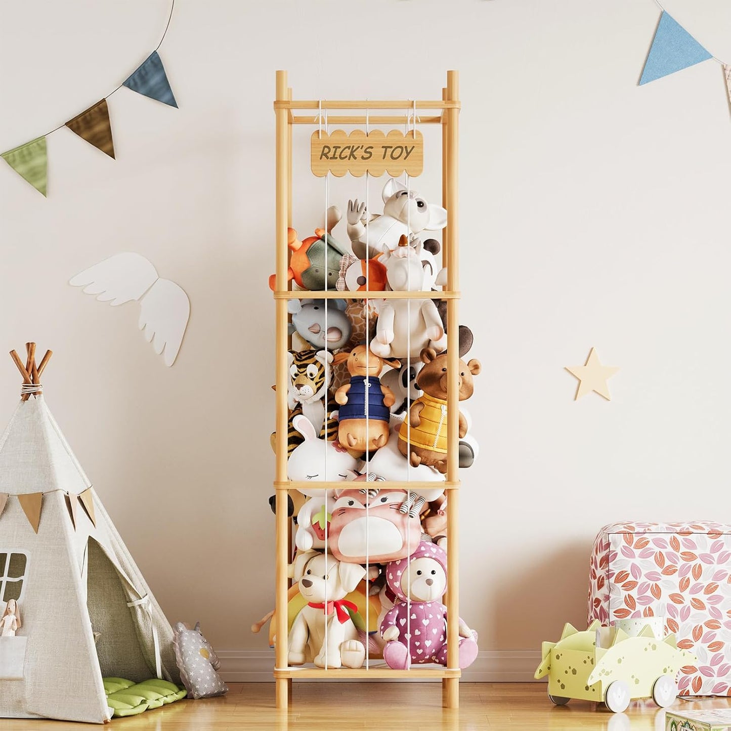 SpaceAid Stuffed Animal Storage Organizer - Large Capacity Plush Toy Holder for Playroom, 15.8" Wide, Natural