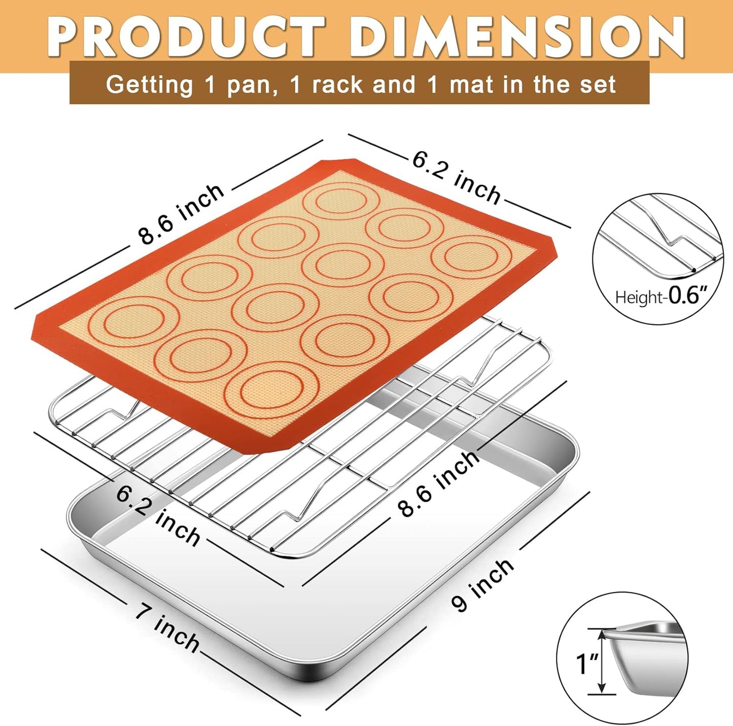 P&P CHEF 9-Inch Baking Sheet Pan Set - Stainless Steel Tray with Rack & Silicone Mat, Dishwasher Safe