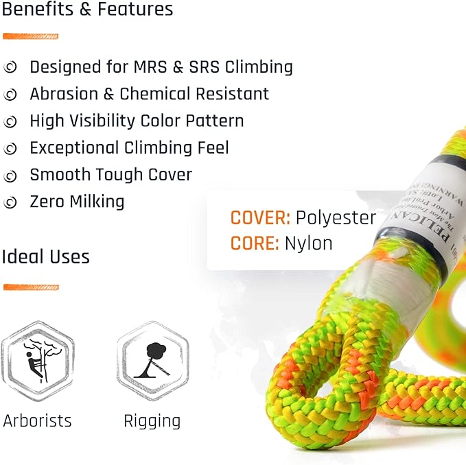 Pelican Rope Arborist Rope 11.8mm x 200Ft, USA Made High-Strength 24-Strands Static Climbing Rope - 5,400 lb Strength for Tree Climbing, Pulling, Outdoors & Swing - Red, Tight Spliced Eye