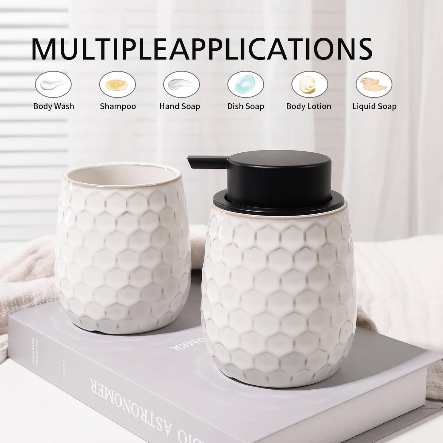 Soap Dispenser, 12 OZ Ceramic Liquid White Hand Soap Dispenser with Honeycomb Design for Kitchen or Bathroom, Refillable Dish Lotion Dispenser, ANTIS'S HOME