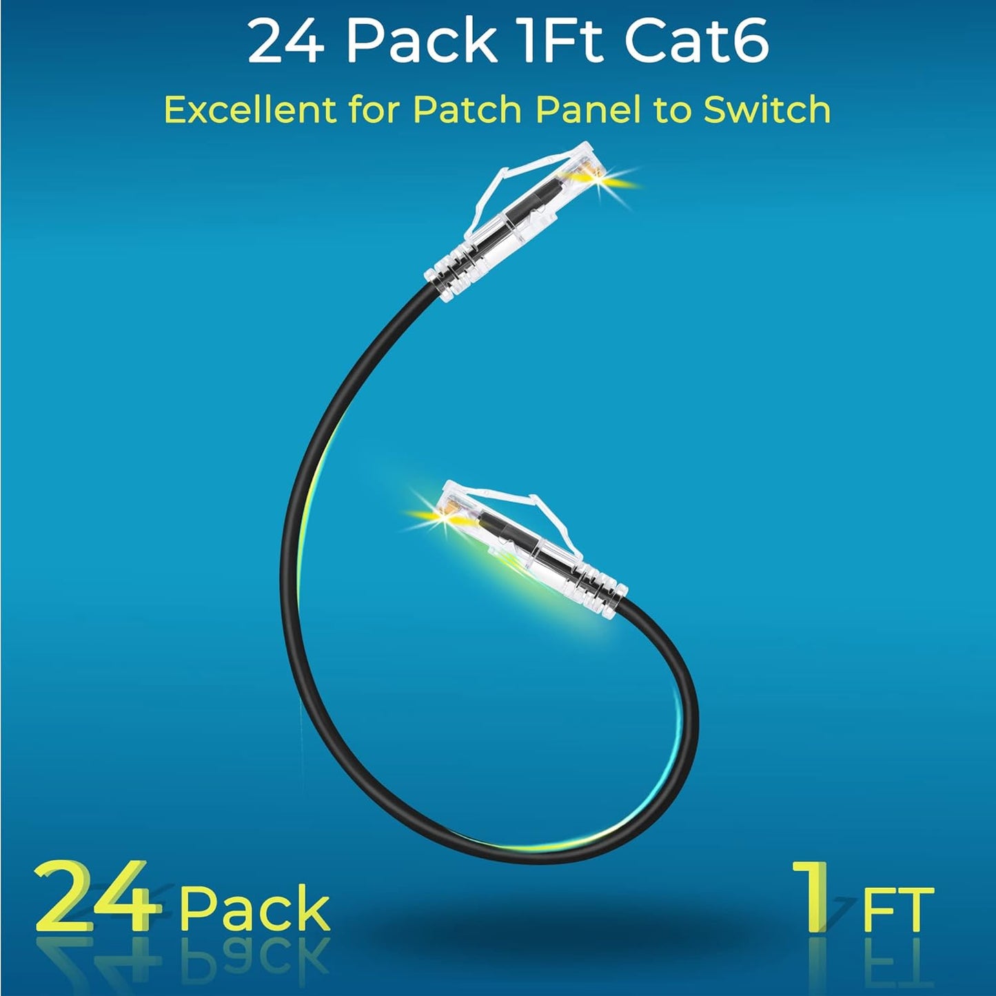 Rapink Cat6/ Cat6a 1ft (24 Pack) Cat6a 10G 6 Cat6 Patch Cables Slim, Ethernet Patch Cable Support, Snagless Cat Patch