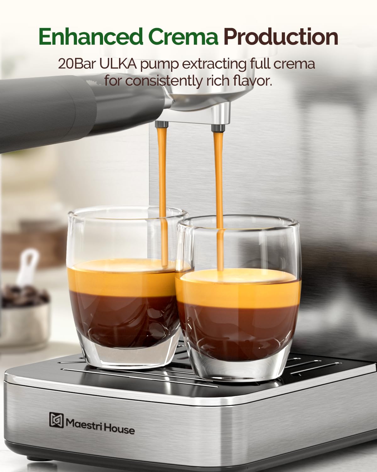 Maestri House Espresso Machine, 20 Bar ULKA Pump, Compact Espresso Maker Built-in Flow Meter Steam Milk Frother, Stainless Steel Coffee Machine for Cappuccino, Latte (Silver)