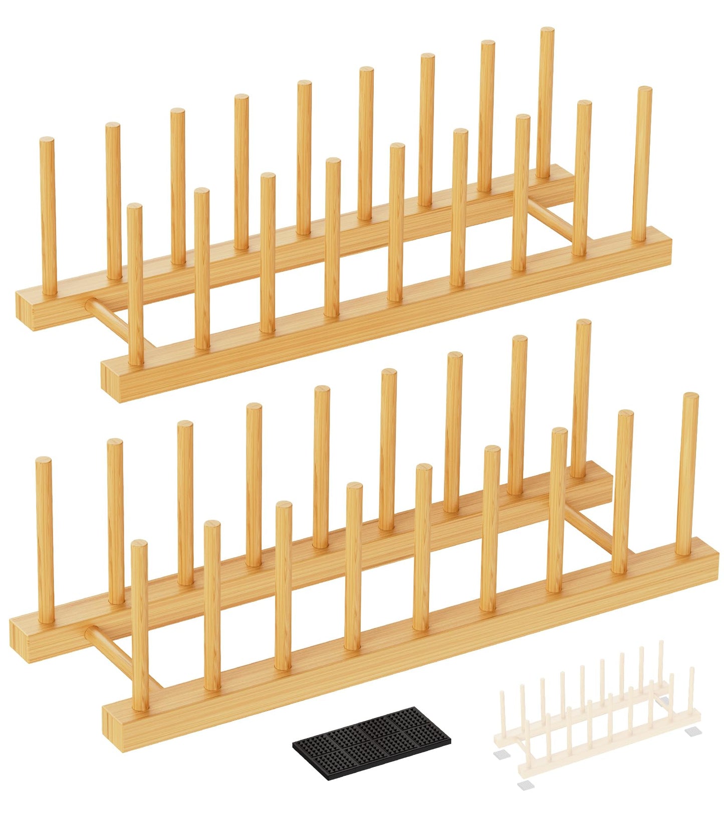 RISHTEN Bamboo Dish Drying Rack, 2 Pack Wooden Storage Holder Organizer for Plate/Bowl/Cup/Book/Pot/Lid/Cutting Board Drying Rack Stand Holder