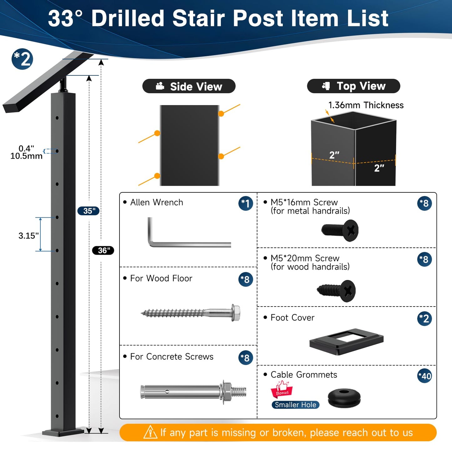 Gyykzz 2 Pack 36" Stair Cable Railing Post for 28-38 Degrees Stairway, Matte Black Surface Mount Deck Staircase Post System, Heavy-Duty Stainless Steel T304 Wire Railing Post for Stairs Indoor Outdoor