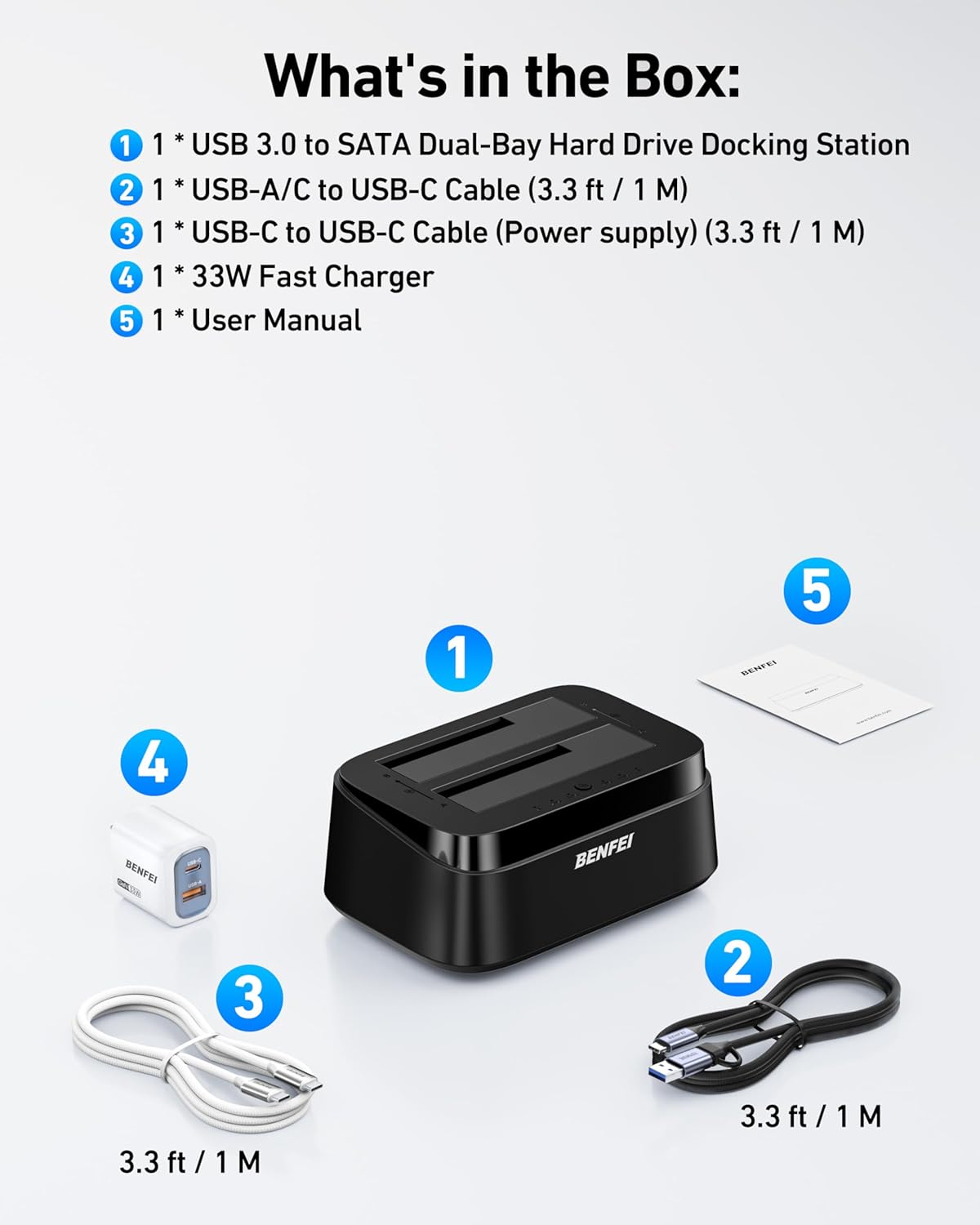 BENFEI 2.5/3.5" 5Gbps Hard Drive Docking Station with UASP Offline Clone Function, USB C Dual Bay Dock for HDD SSD, Up
