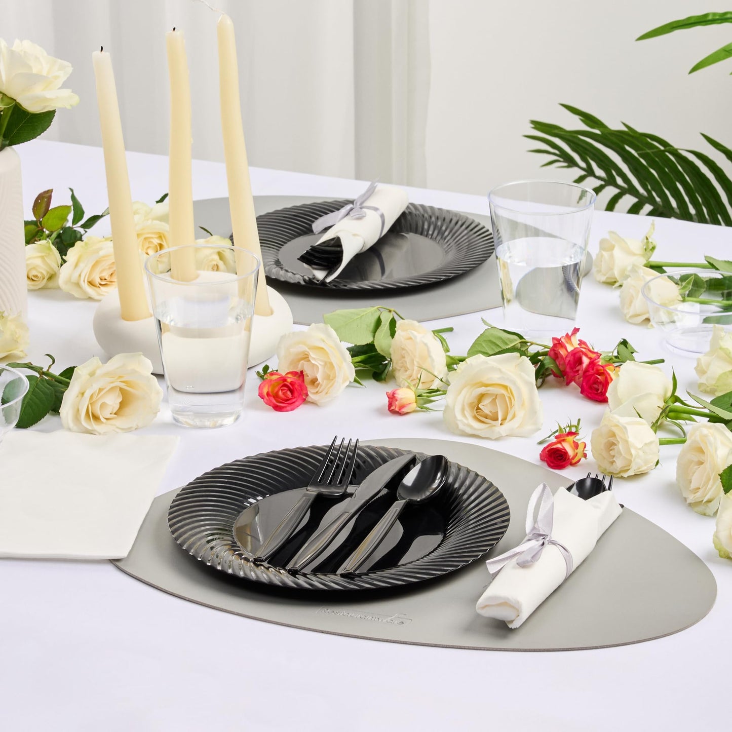 Restaurantware-7.3 Inch x 2 Inch Plastic Cutlery Sets, 100 Plastic Flatware Sets - Silver Ribbon, With White Napkin, Indivudally Wrapped, Black Plastic Disposable Cutlery Sets, For Weddings And Events