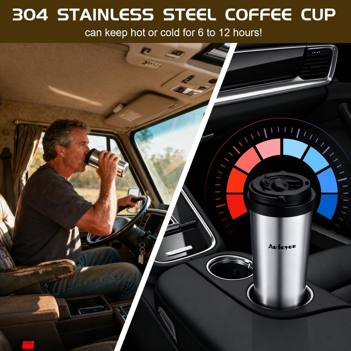 Audoyon Portable Rapid Coffee Maker – 2-6 Min Quick Brew Electric Coffee & Tea Infuser Makes Smooth, Low-Acid Coffee, 16oz Stainless Steel Travel Cup for Camping, Office, Hiking, Beach, Hotel, RV
