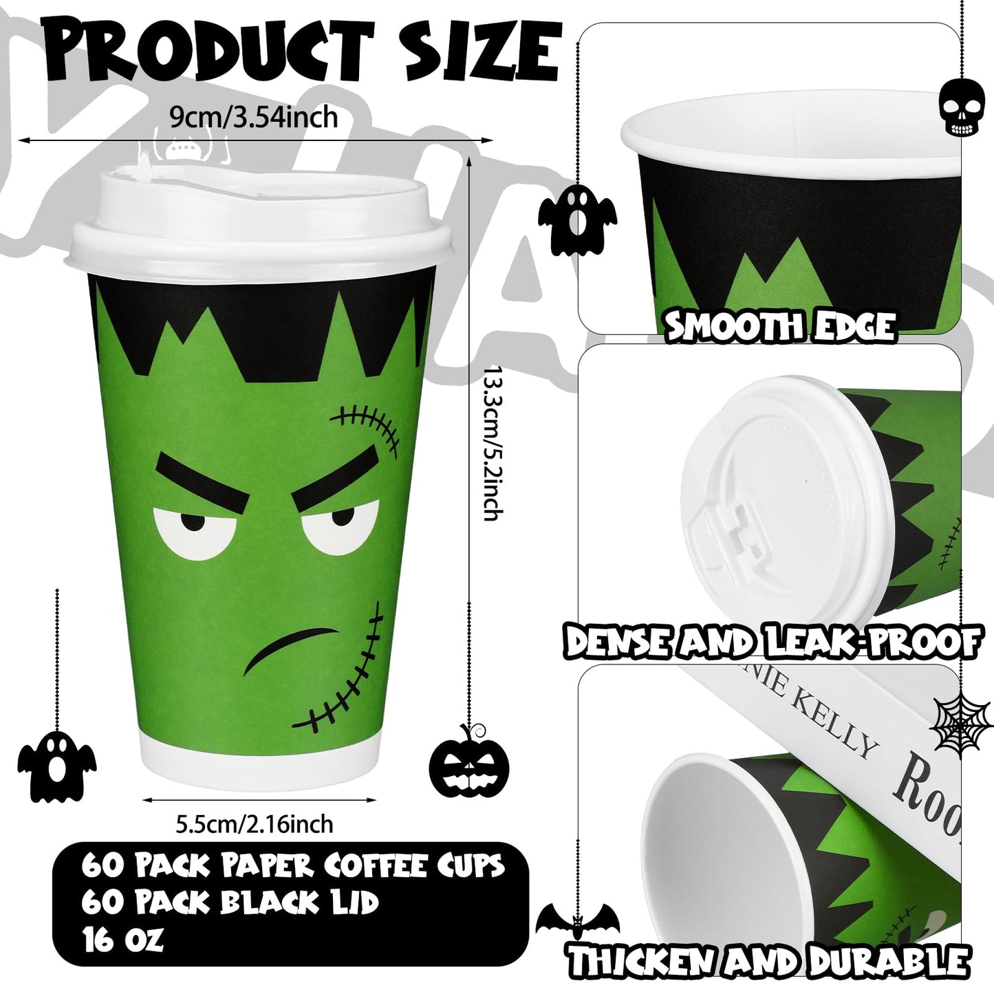 Lallisa 120 Pcs/60 Set Halloween Disposable Coffee Cups with Lids 16 oz Disposable Paper Cups Set Halloween Birthday Party Supplies for Hot Cold Drinks Tea Hot Chocolate Cocoa (Face)