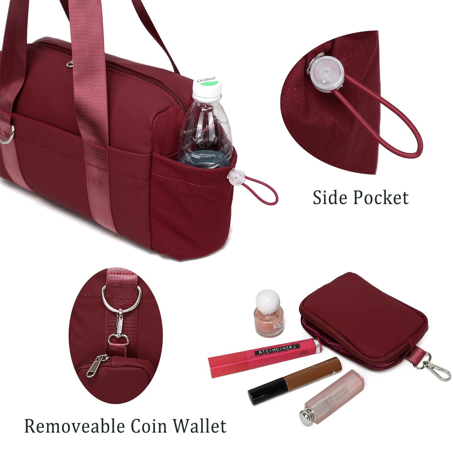 ERTUNA Everyday Mini Gym Bag for Women 2.0, Small Tote with Zipper Compartment Waterproof Travel Duffle Cute Handbag Workout Carry On with Removeable Shoulder Strap & Coin Wallet Easy to Clean-Wine