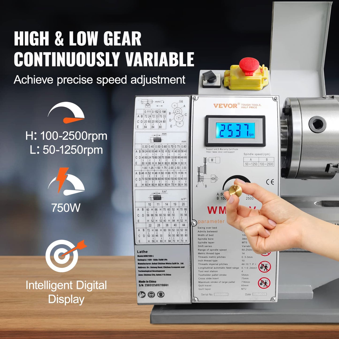 VEVOR Metal Lathe, 8.3'' x 29.5'' Benchtop Metal Lathe 0-2500 RPM Continuously Variable Speed 750W Brushless Motor Metal Gears with LCD Display Metal Lathe Machine
