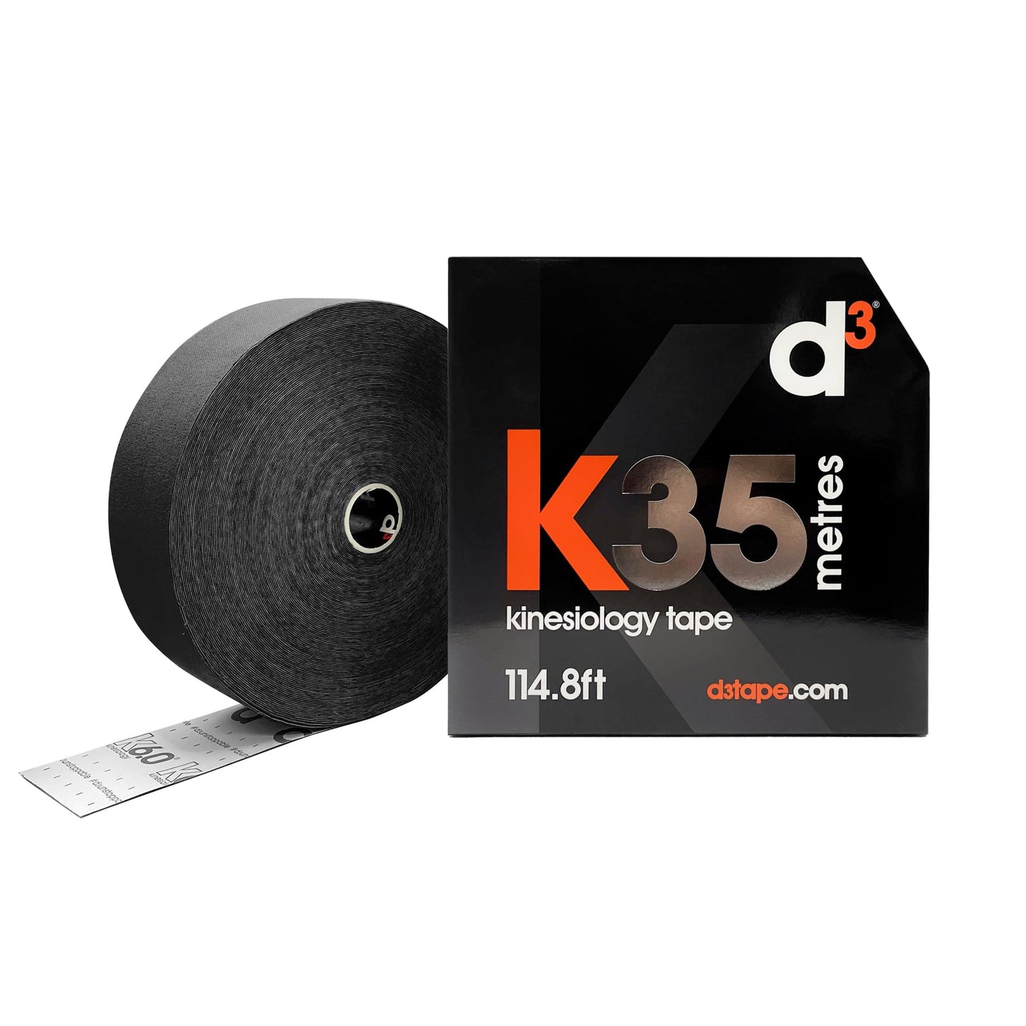 d3 K35 Kinesiology Tape Bulk Roll Black - 2in x 115ft Extra Long Uncut Physio Hypoallergenic Sports Strapping for Knee, Shoulder Back Muscle & Joint Support for Injury Recovery