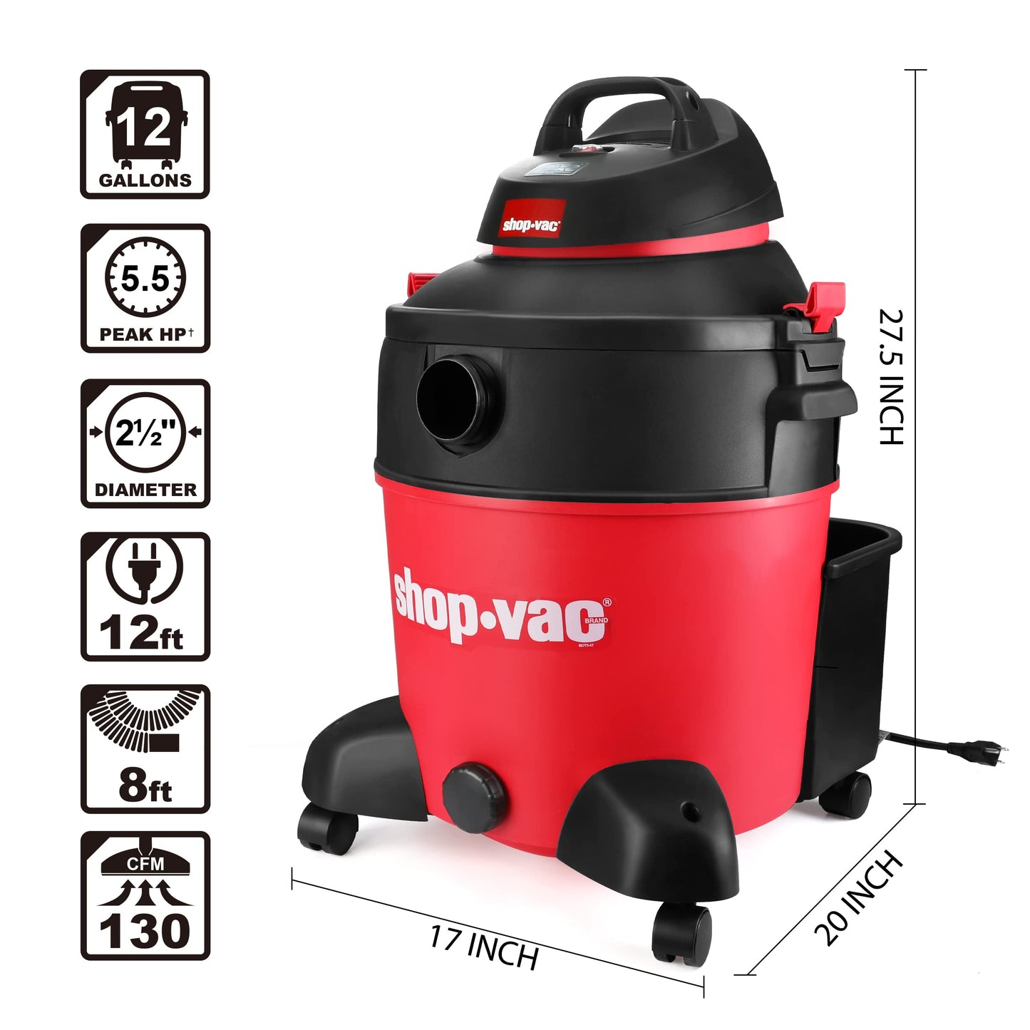 Shop-Vac 5983089 12 Gallon 5.5 Peak HP Wet/Dry Vacuum, 2.5 Inch Diameter x 8 Foot Hose, 12 Foot Cord, Ideal for Jobsite, Garage & Workshop