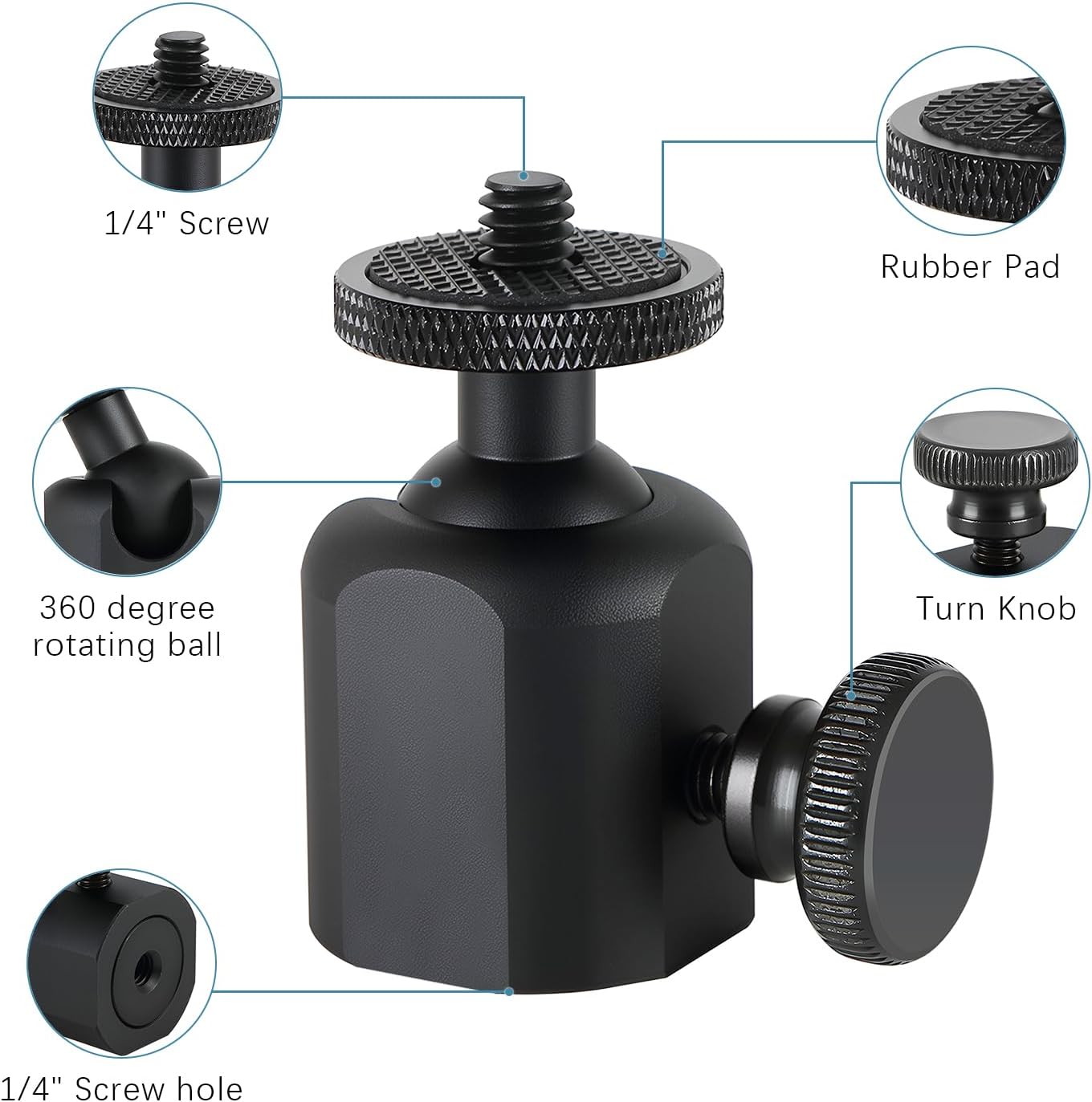 Folgtek 360 1/4 inch 10lbs, (1) Mini Ball Heads Universal Tripod Ball Head Camera Screw Mount, Degrees Rotatable Tilt