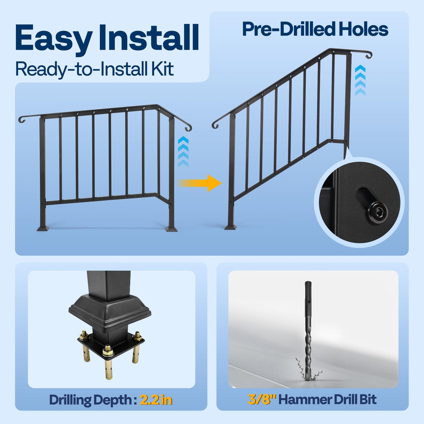 VIVOHOME 2-Pack Galvanized Steel Hand Rails for Outdoor Steps – 40.6" Curved Ends and Safety Balusters Exterior Railing Kit for Porch, Deck, or Indoor Stairs (4-Step, Black)