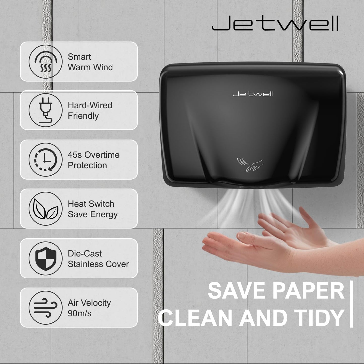 JETWELL Compact Commercial Black Stainless Steel Hand Dryer for Bathroom and Wall Mount Automatic Touch-Less Stainless Steel Hand Soap Dispenser- Automatic Hand Dryer and Wall Mount Soap Dispenser