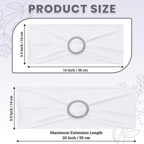 MDS Premium Spandex Chair Sashes - Stretchy Bow Covers with Buckle Slider | 25 Pack - White