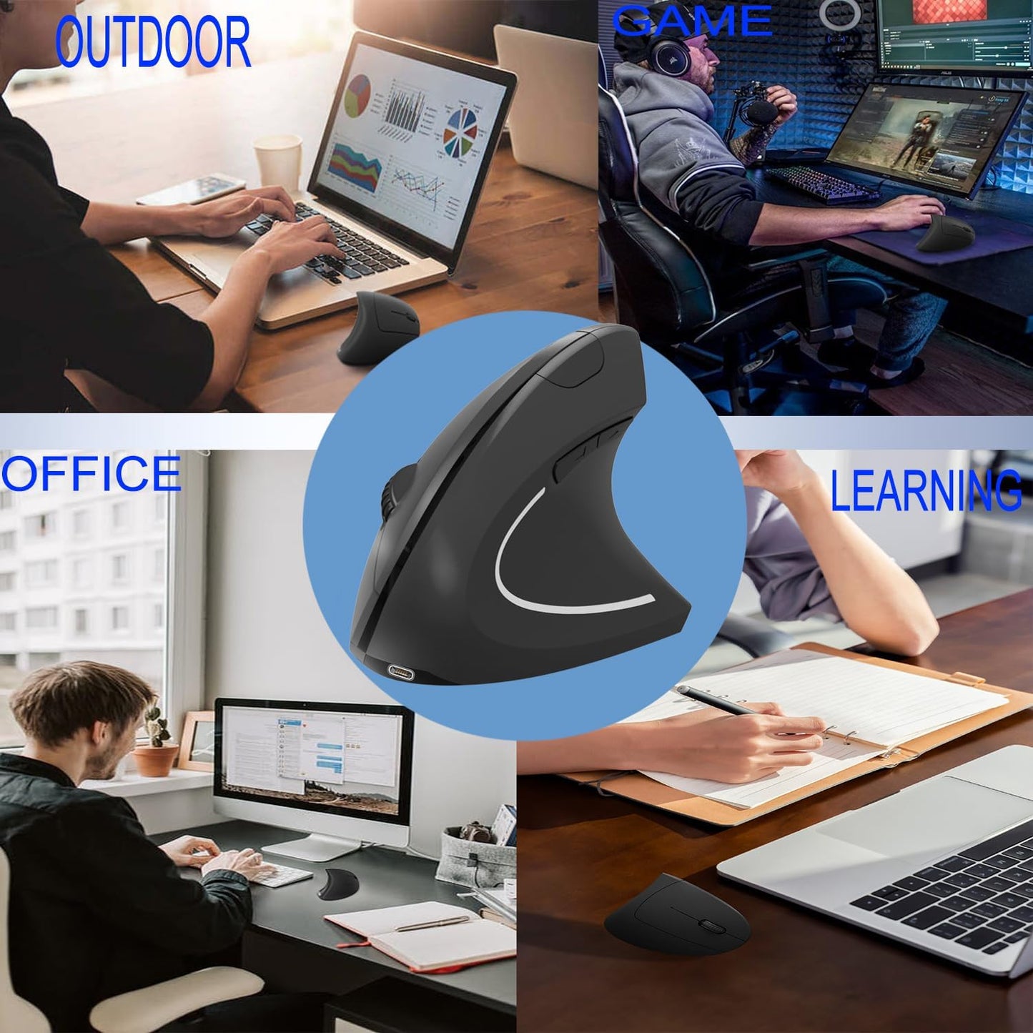 Vassink C(2 1) 800/1200/1600 6 2.4GHz Ergonomic WirelessMouse, USB A+Type in Connection, DPI, Silent Buttons, Carpal