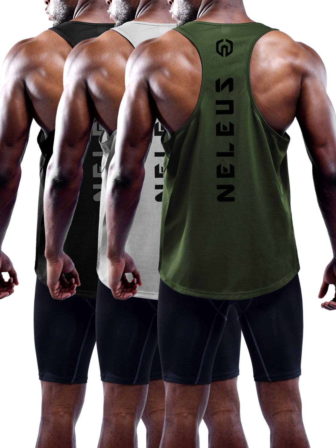 NELEUS Men's 3 Pack Dry Fit Y-Back Muscle Tank Workout Gym Shirt,5031,Black,Grey,Olive Green,L