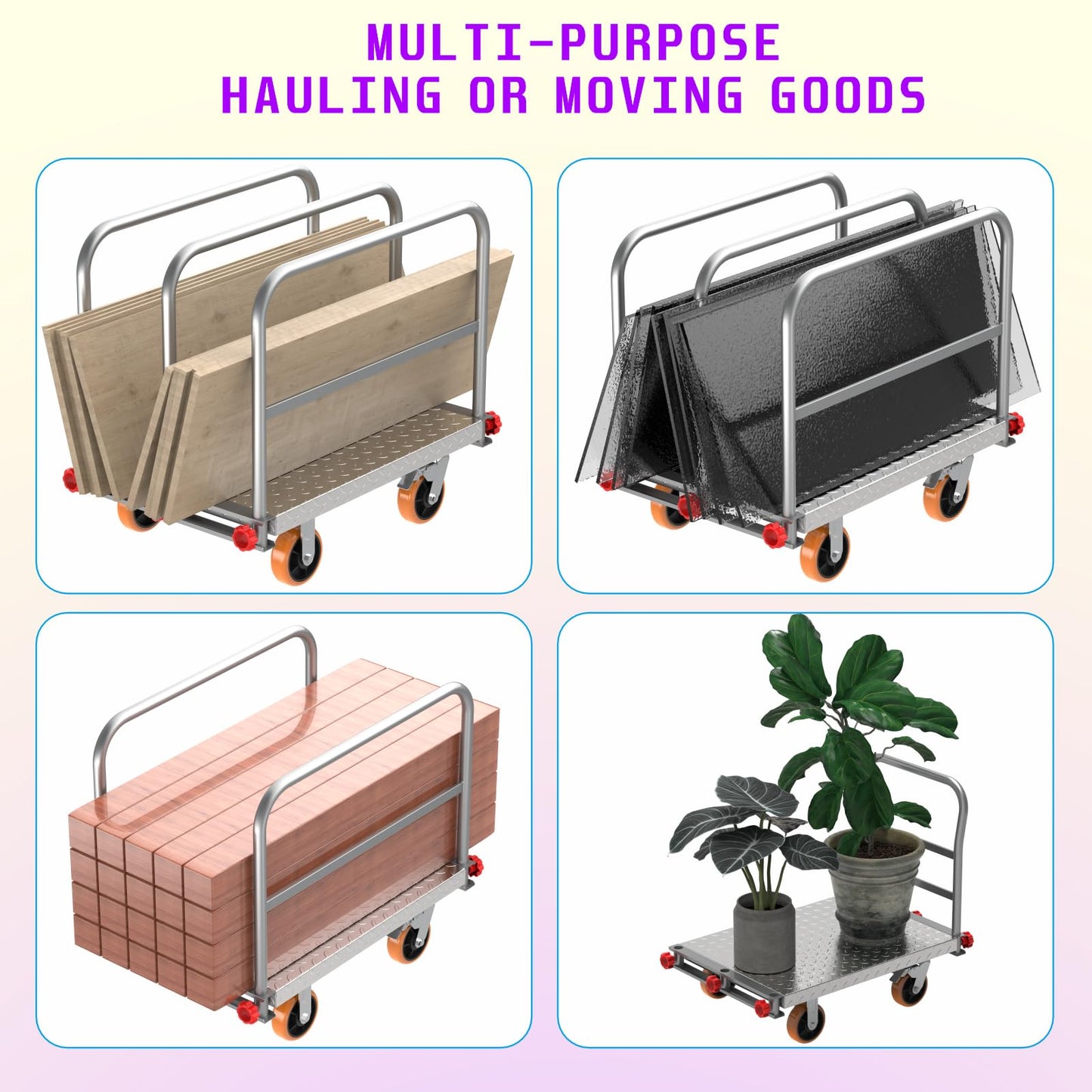 SCBoutique 2500 LBS 2-in-1 Steel Panel Truck Cart - Heavy Duty Lumber Cart Drywall Dolly with 40 x 24 Inch 2MM Plate, 6 Inch Swivel Brake Wheels & 1 Front 3 Side Handrails