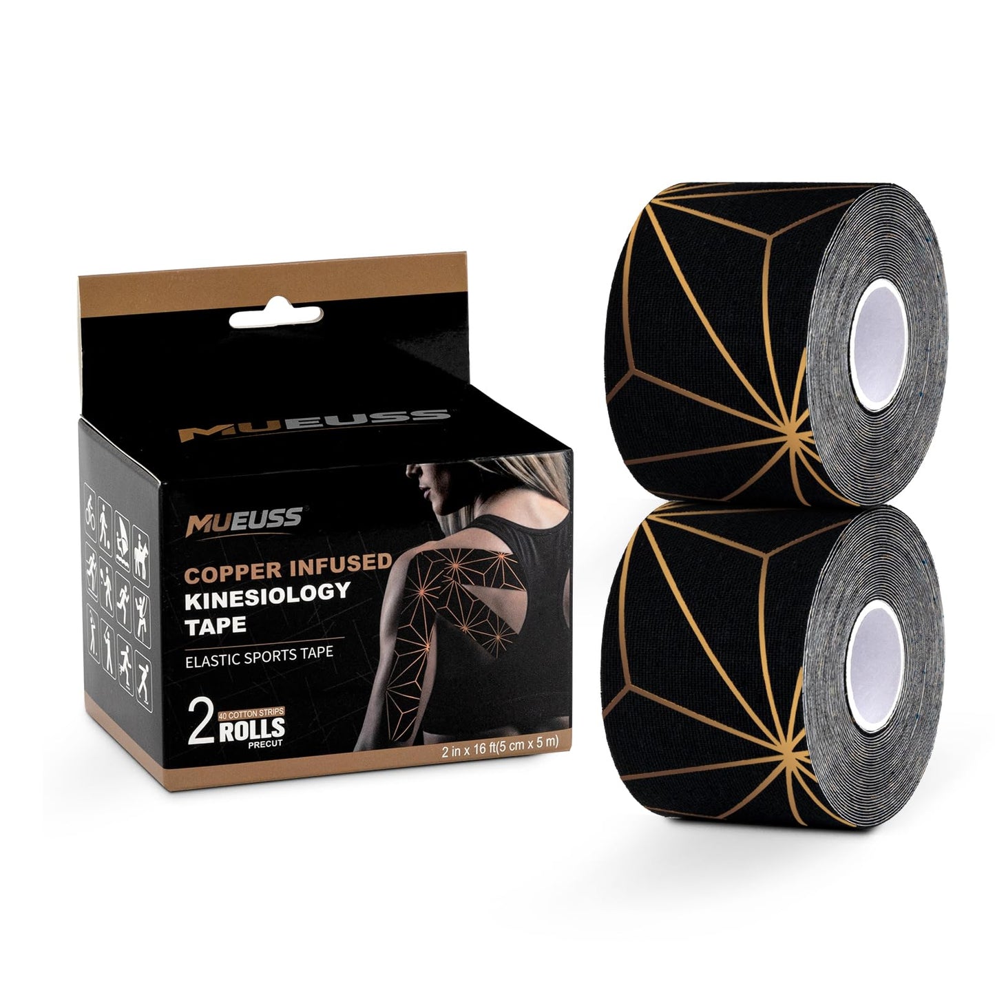 MUEUSS Copper Infused Kinesiology Tape, 40 Precut Strips (2 Rolls), Water Resistant Strips, Original Cotton Elastic Athletic Tape for Sports & Weightlifting, Muscle Strain Relief & Joint Support