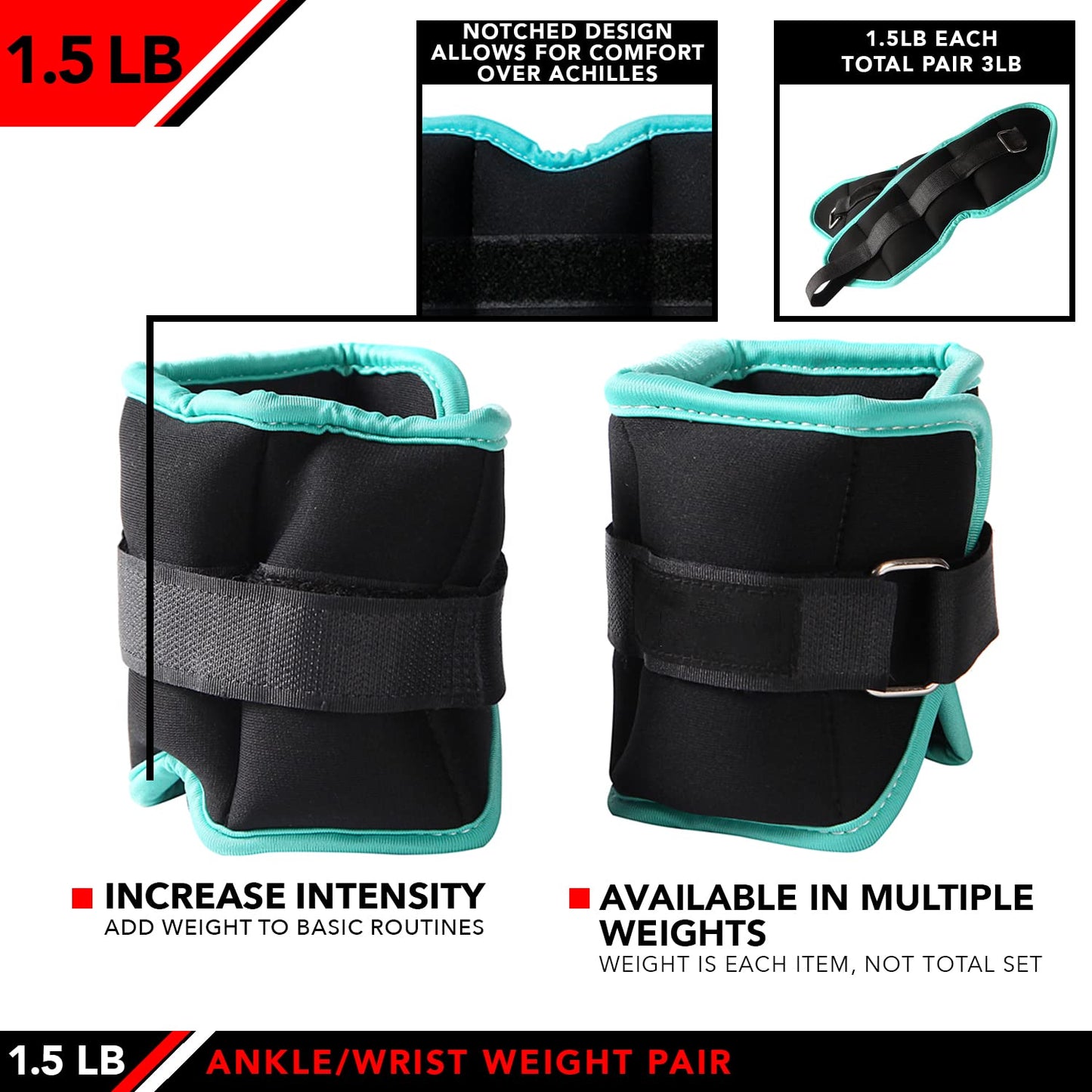 JFIT Ankle Weight Pair 1.5 LBS, Set of 2 with Adjustable Velcro Straps - Breathable, Moisture Absorbent Weight Straps for Men and Women - Comfortable Ankle, Wrist Weights