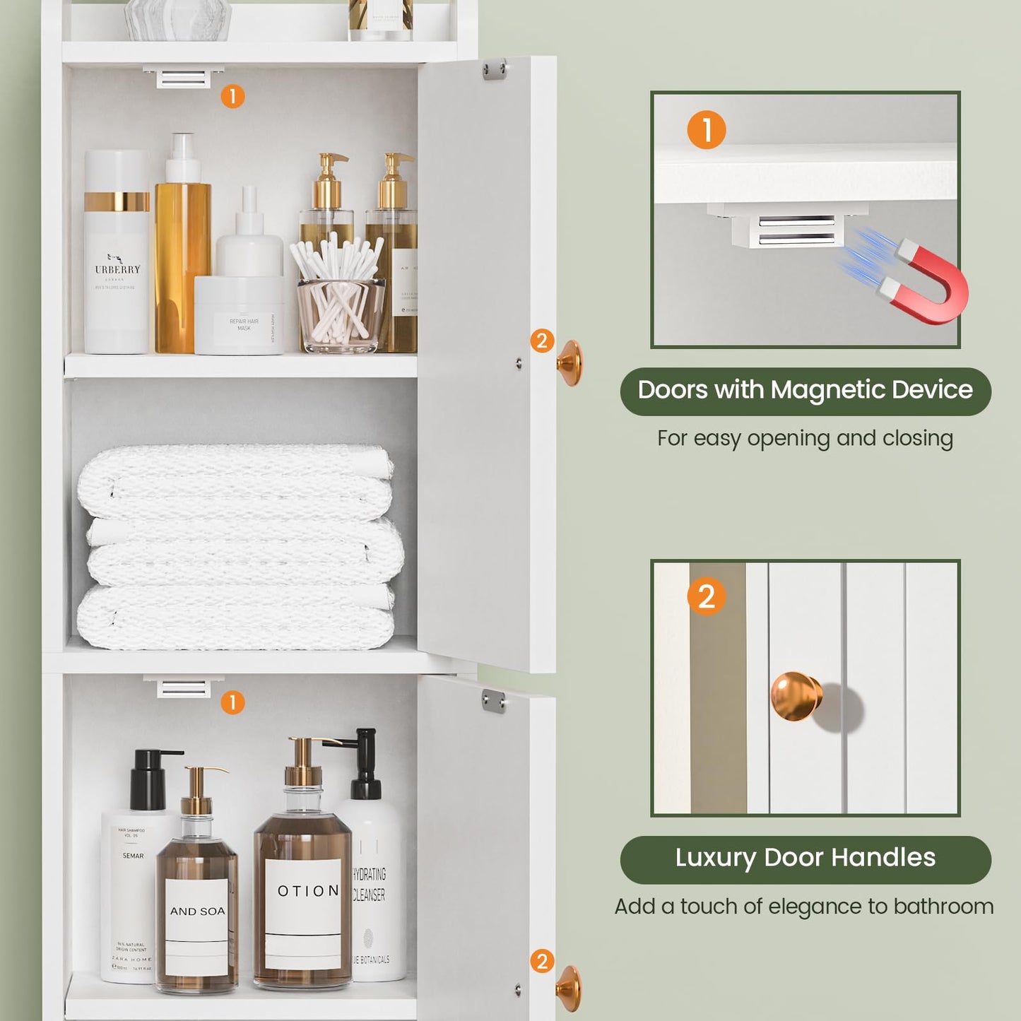 Snughome Bathroom Storage Cabinet, Small Bathroom Cabinet with 2 Doors & Adjustable Shelf, Narrow Toilet Paper Cabinet for Small Spaces, White, 7.9" D x 9.8" W x 29.5" H