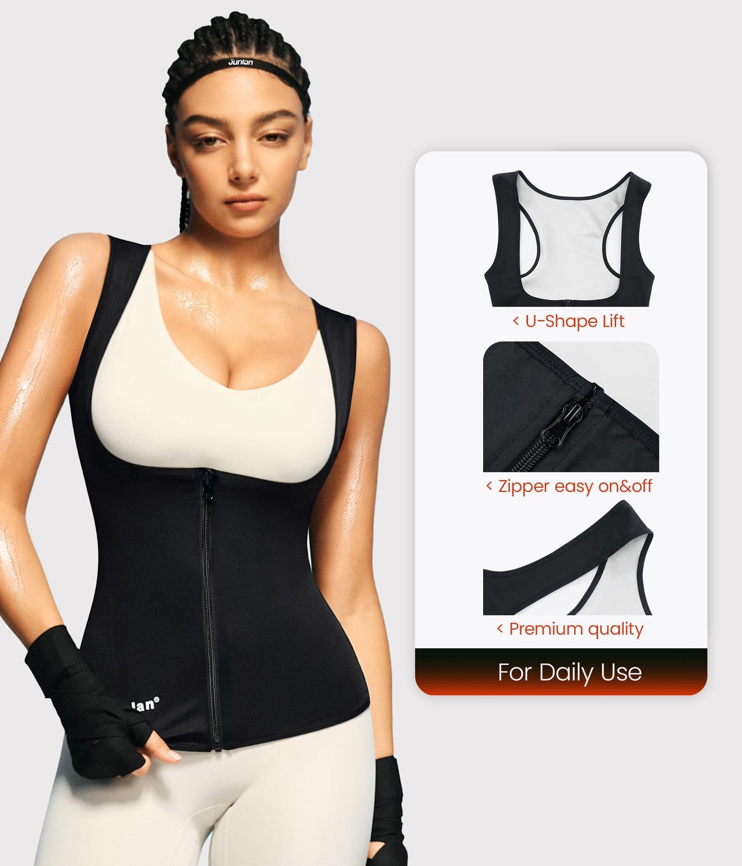 Junlan Sauna Suit for Women Waist Trainer Vest for Women Sweat Tank Top Shaper for Women with Zipper (Black, Large)