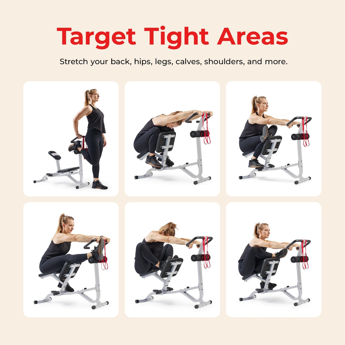 Sunny Health & Fitness Full Body Stretch Machine for Home, Back Stretcher & Flexibility Trainer with Pivoting Seat, Foam Rollers, Safety Straps & SunnyFit App - SF-BH621802